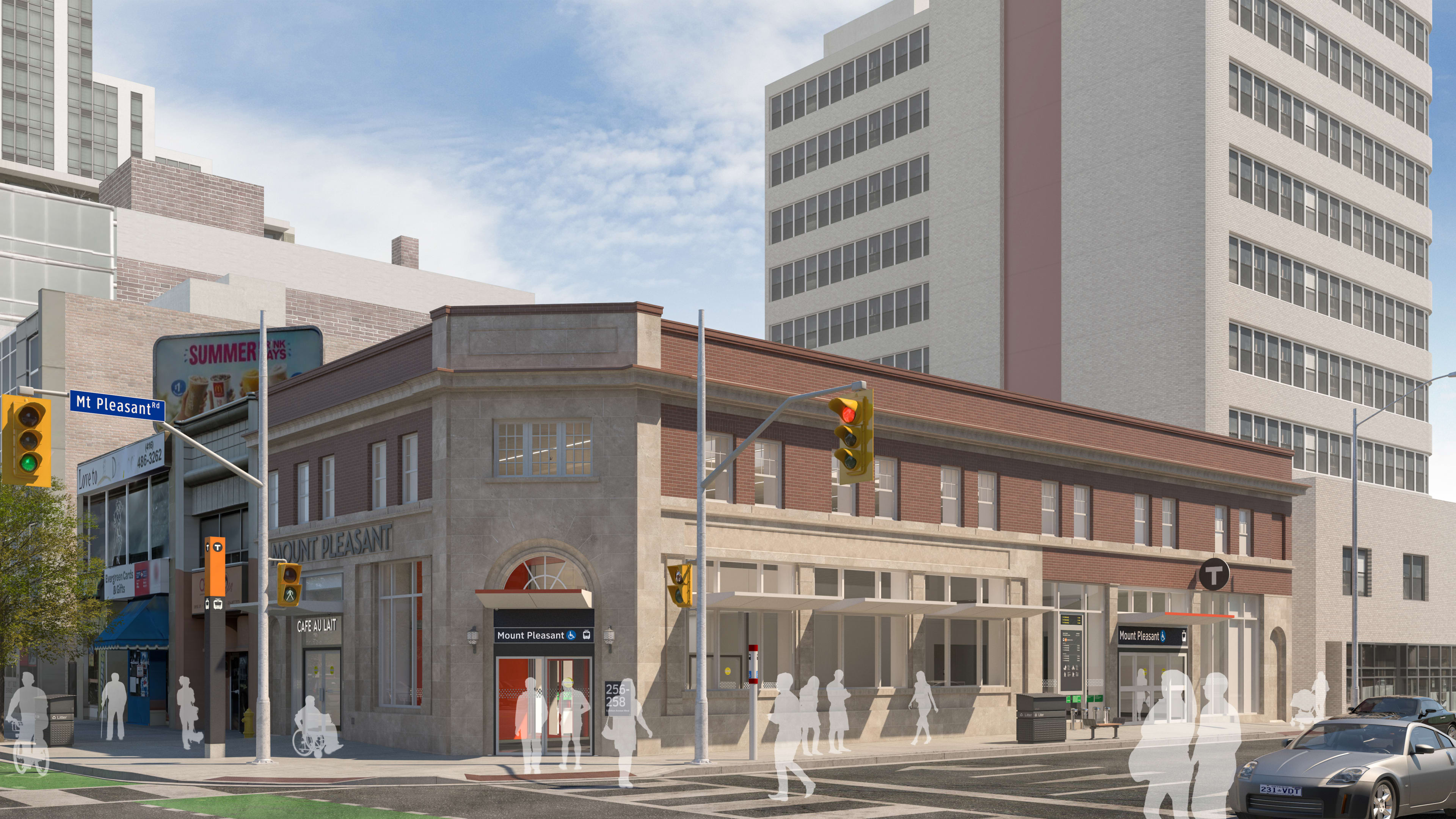 An artist rendering of the station, featuring a front created from old bank bricks.