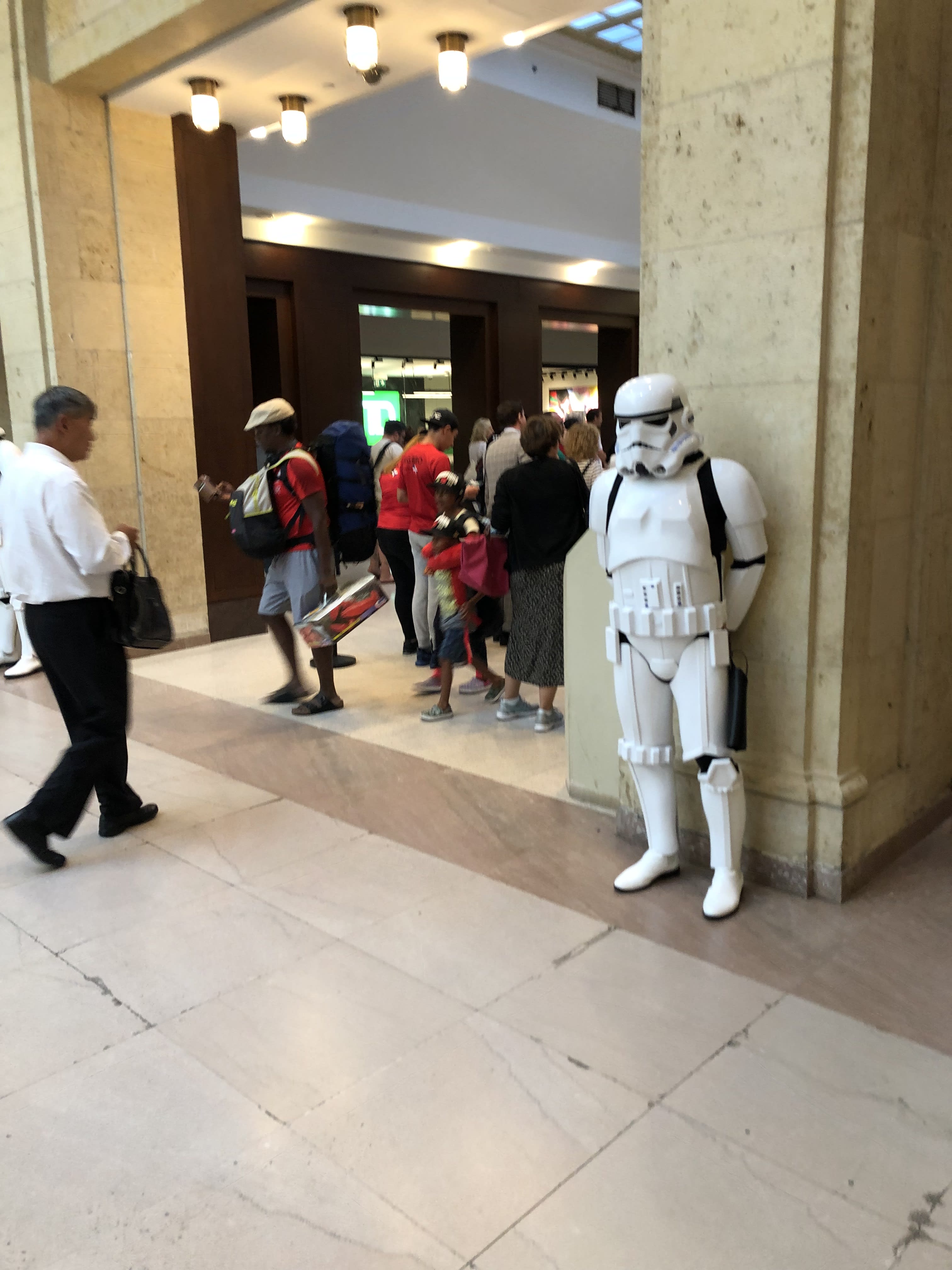 A Storm Trooper stands guard inside Union Station.