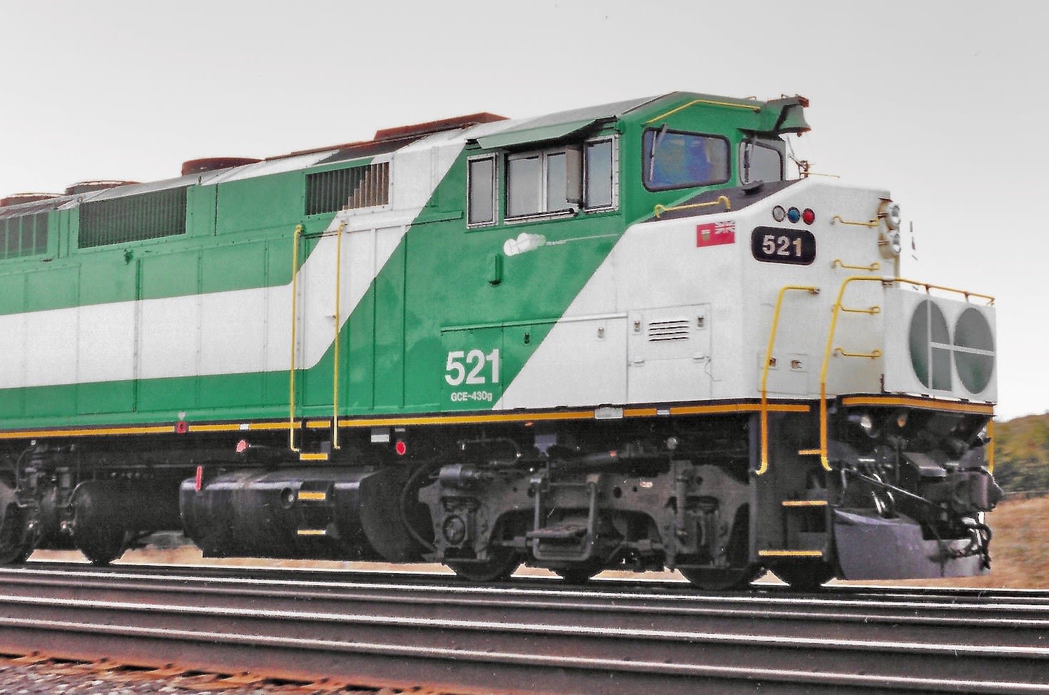 GO locomotive 521 with the lesser known logo under the cab window