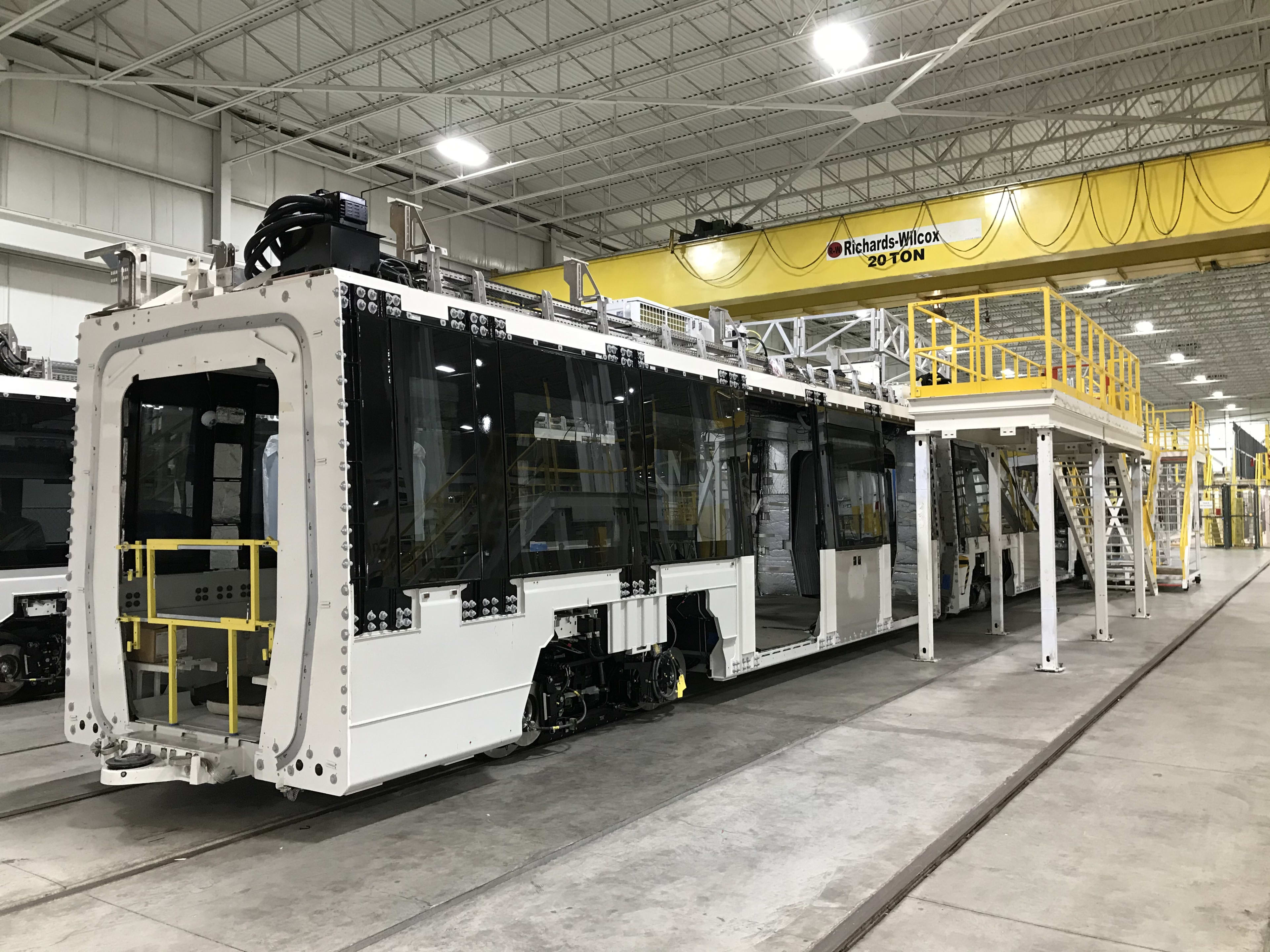 Shot of progress on the first Finch West light rail vehicle inside the Alstom factory in Brampton...