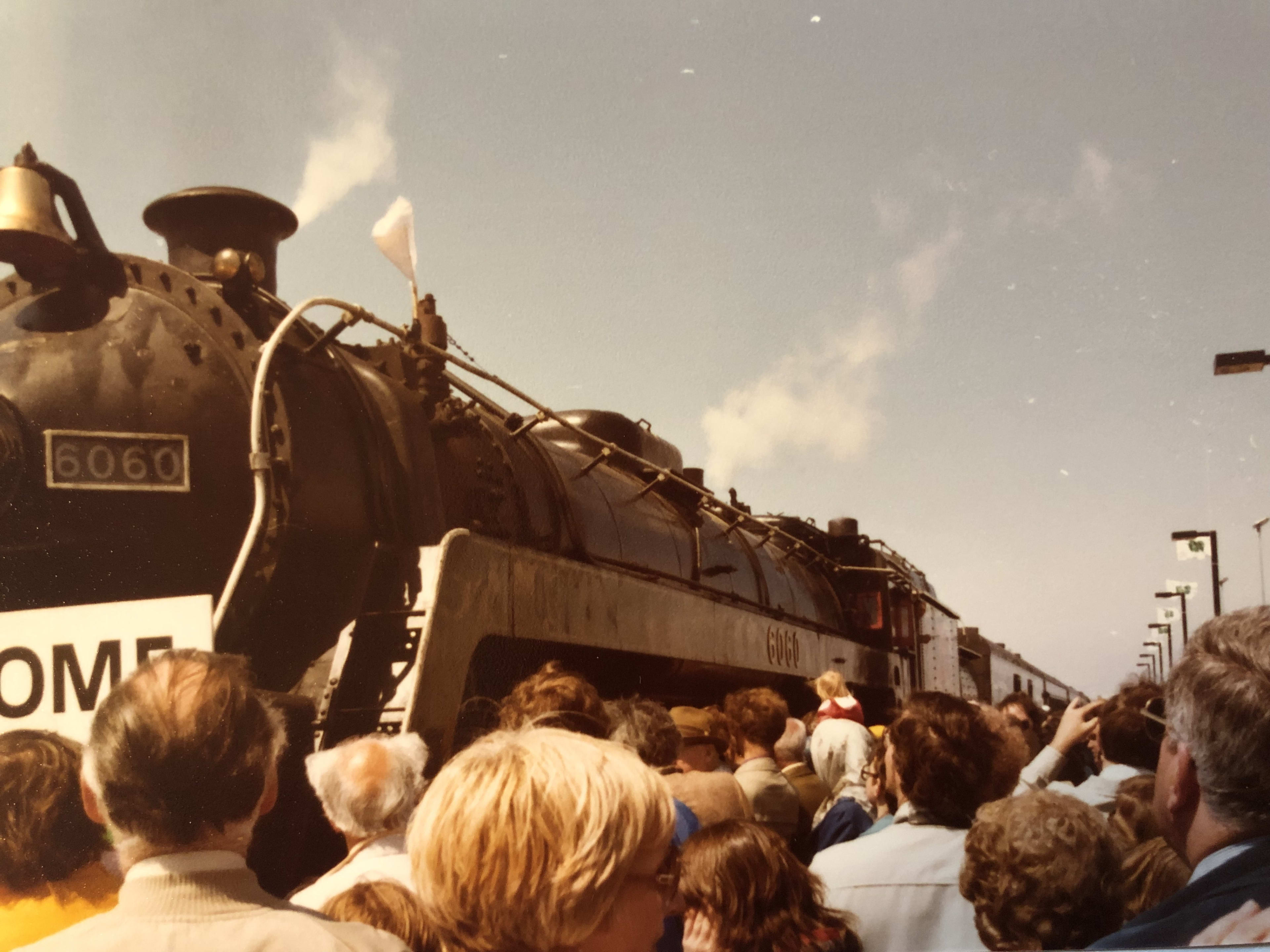 Crowds gather to see an historic train arrive at the station.