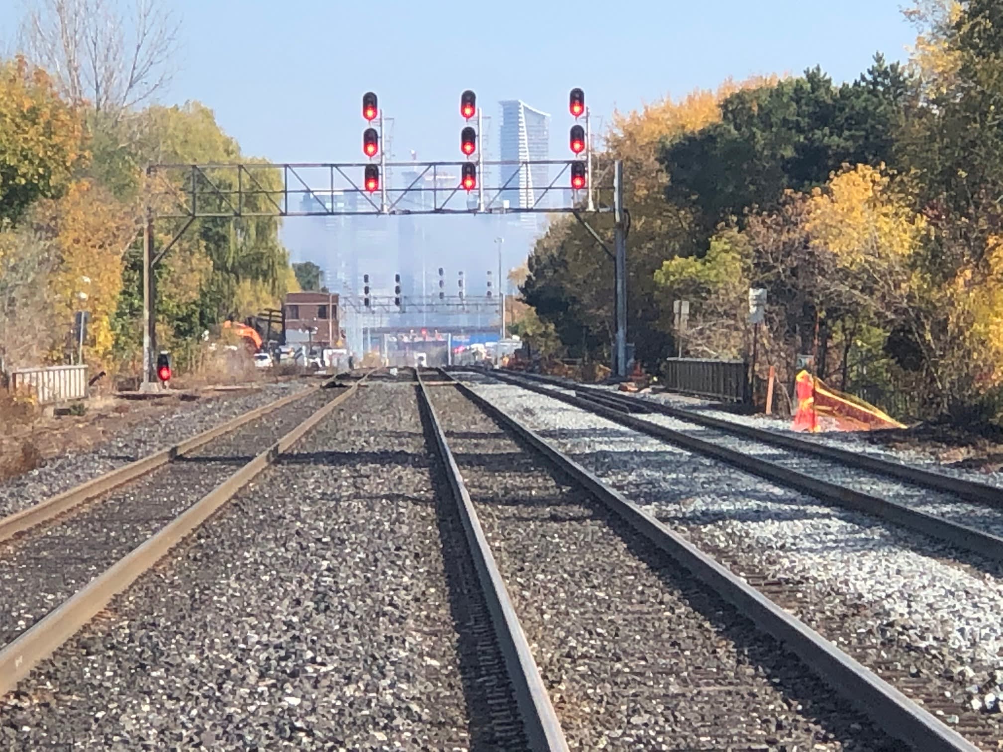 Looking down the tracks on the Lakeshore West line on a fall day