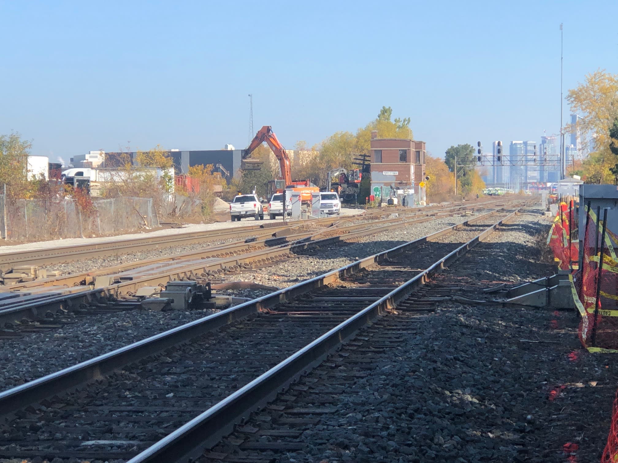 Looking east towards Toronto on the Lakeshore West GO corridor, with construction happening in th...