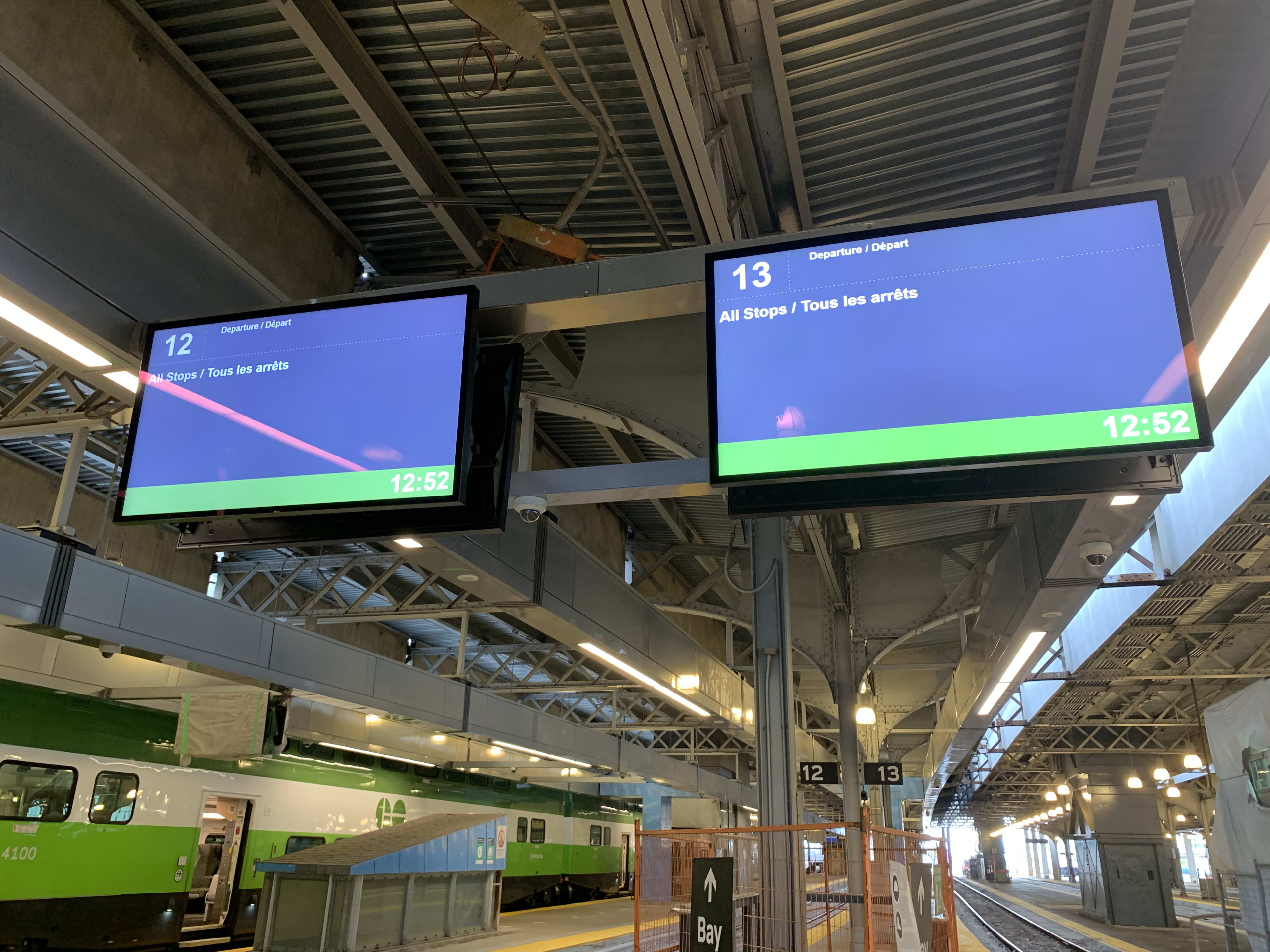 two new departure TV screens at Union Station on the GO Train platform