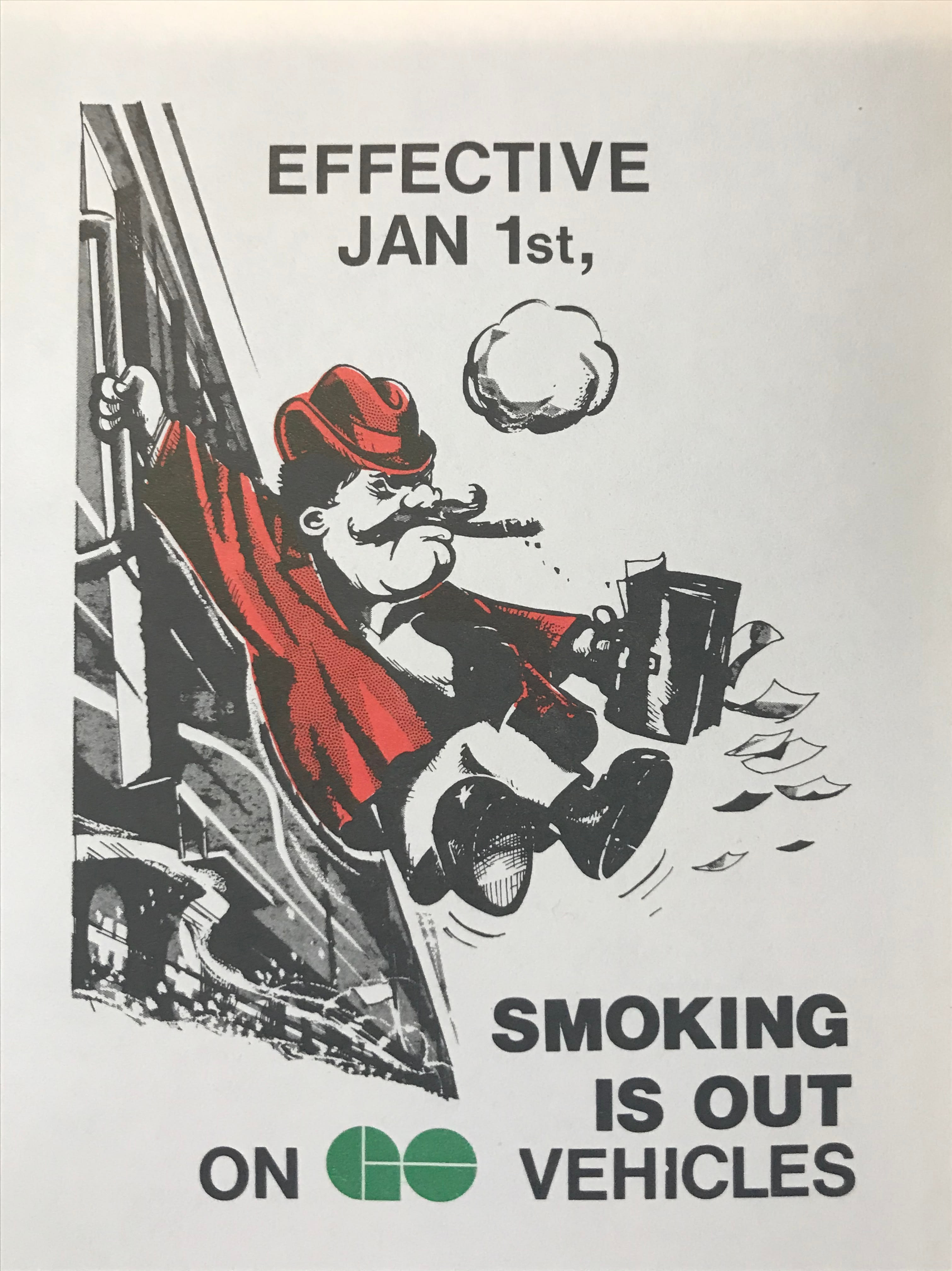 A a pamphlet from 1977 that shows a cartoon commuter with a cigarette