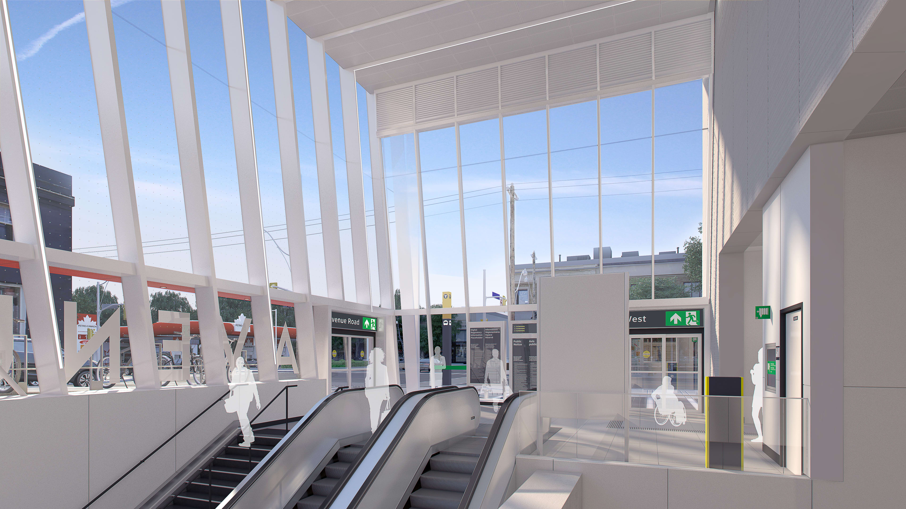 Customers and escalators - lit by natural light - is shown in an artist concept.