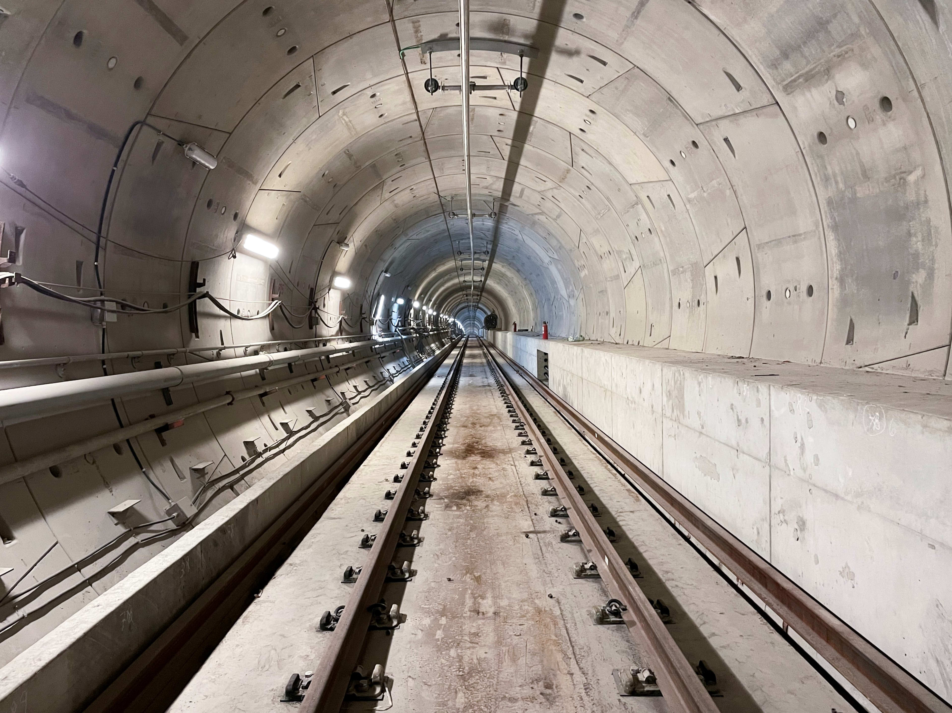 The view down the LRT tunnel between Leaside and Laird station, with tracks installed