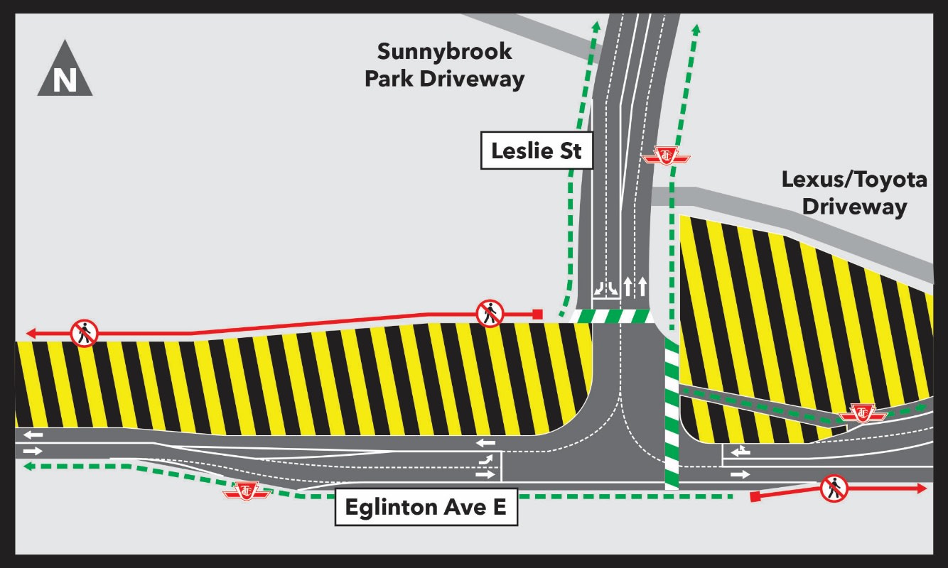 A diagram showing the construction and lane configurations at Leslie and Eglinton