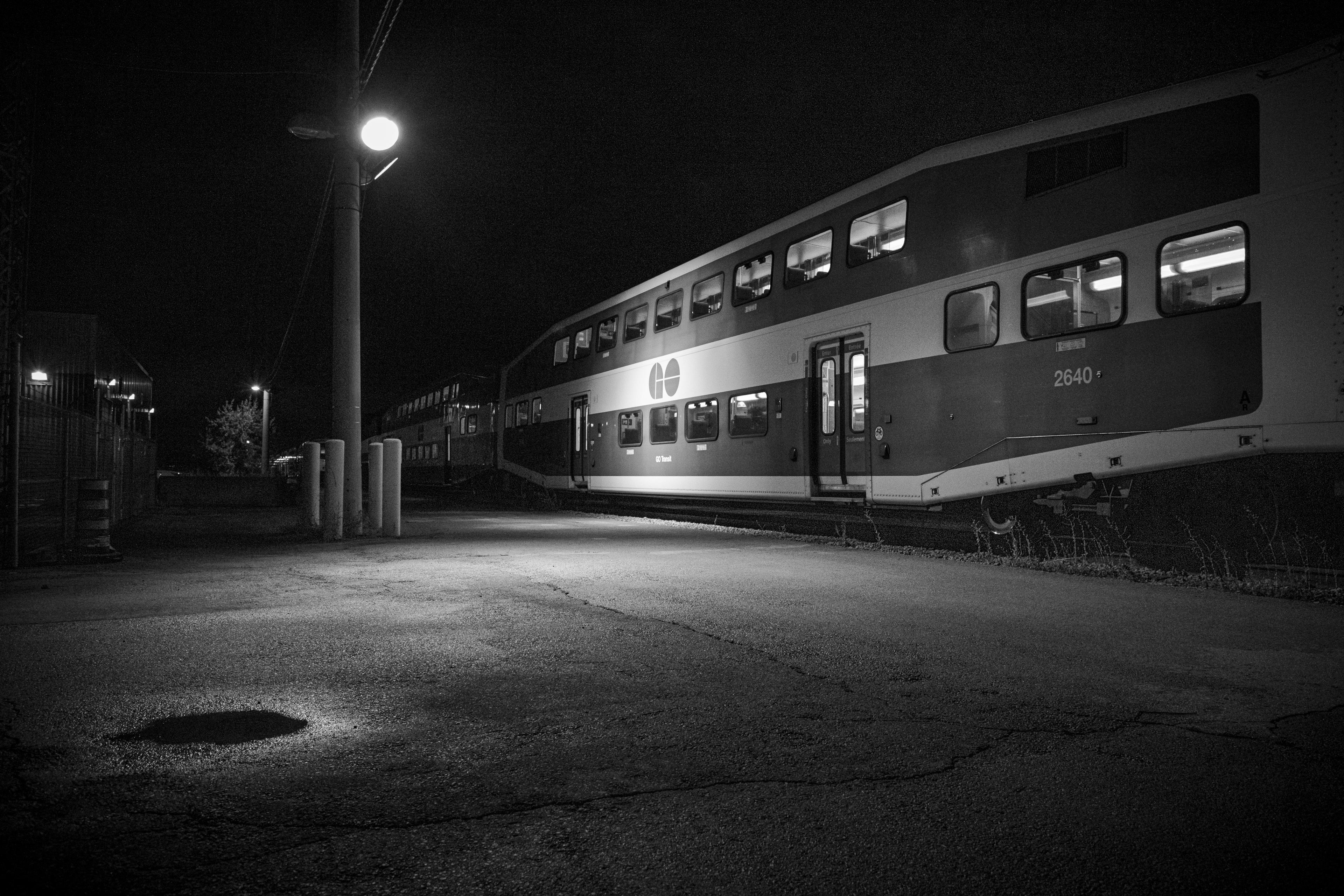 Image is of a train at night.