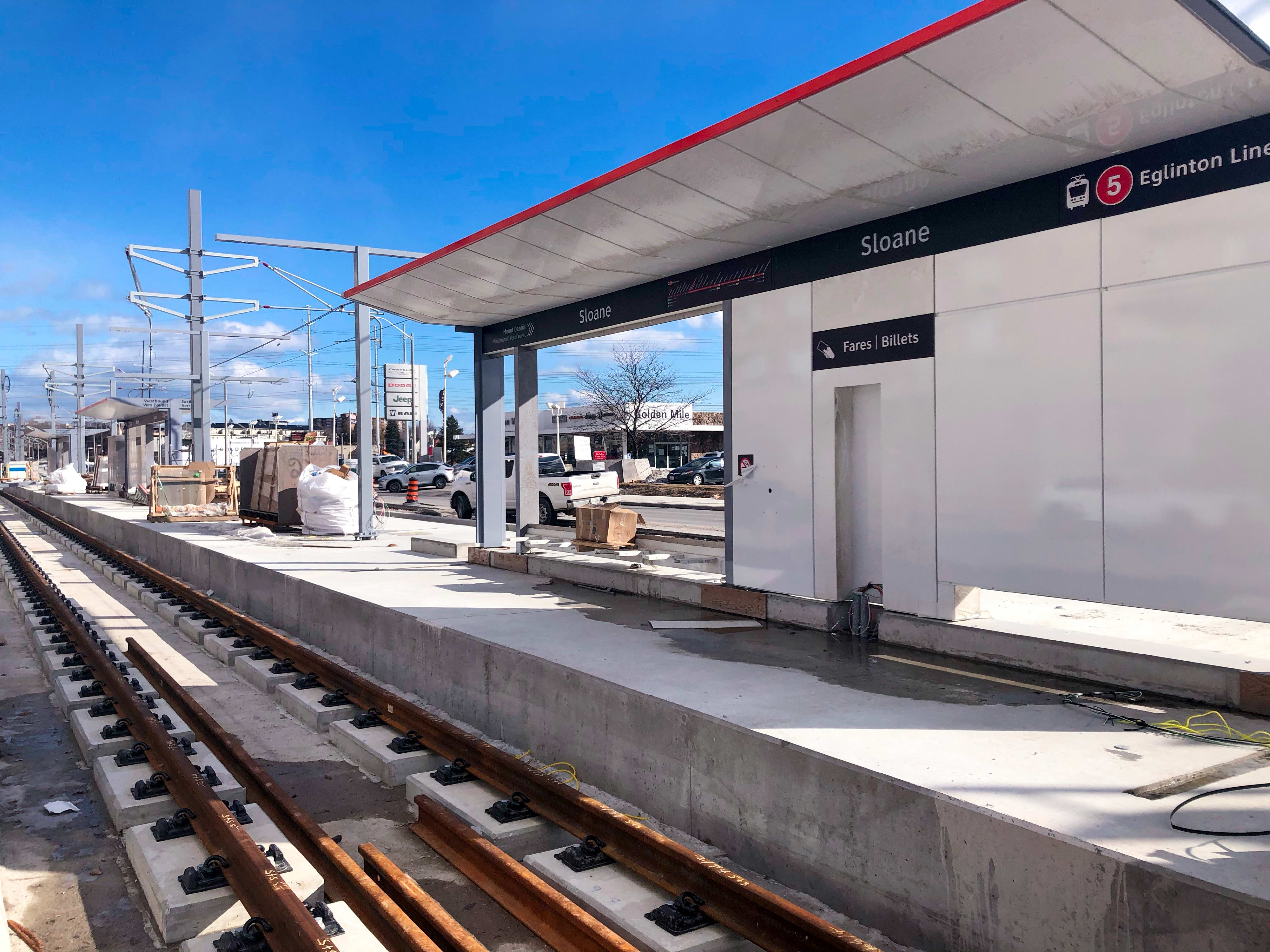 The newly installed structures at the Sloane stop are now waiting on their finishing touches