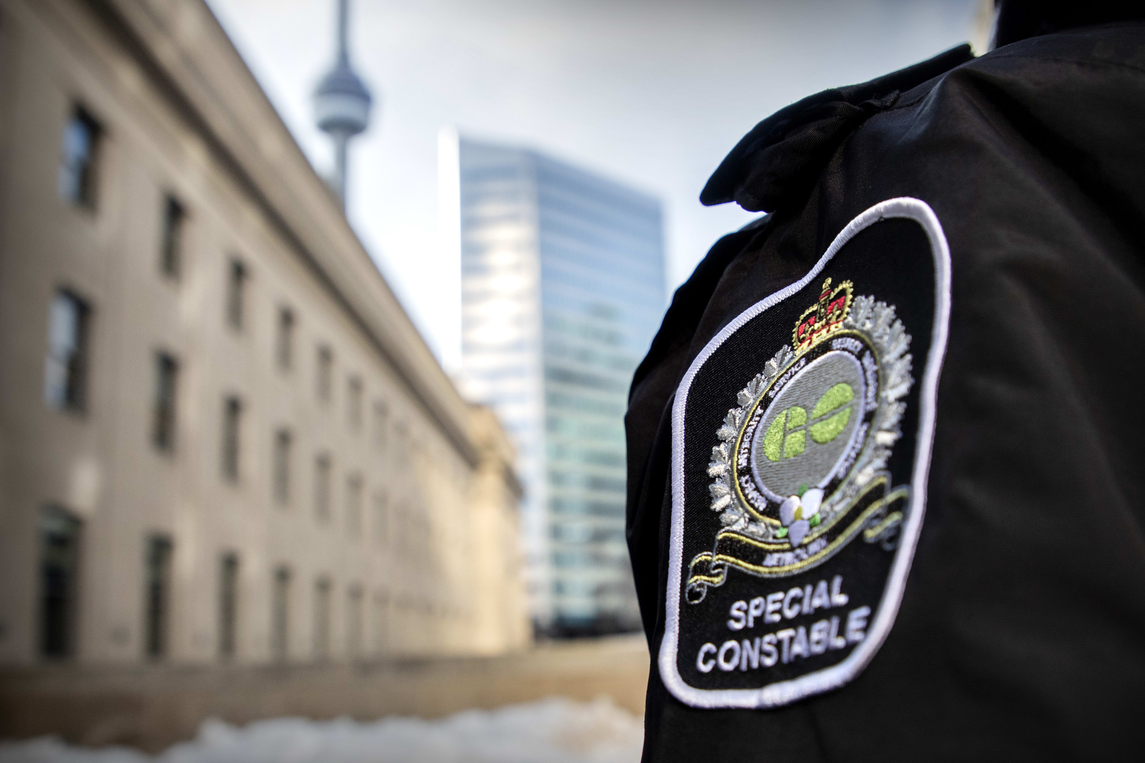 the uniform patch of a Special Constable, outside Union Station.