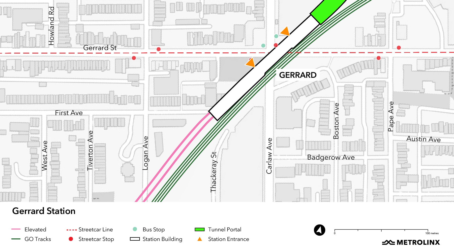 Map of the line segment containing Gerrard station