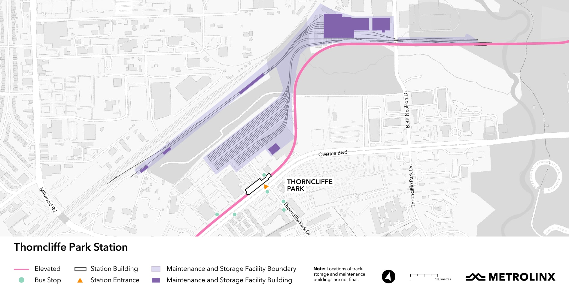 Map of Thorncliffe Park station and the maintenance and storage facility.