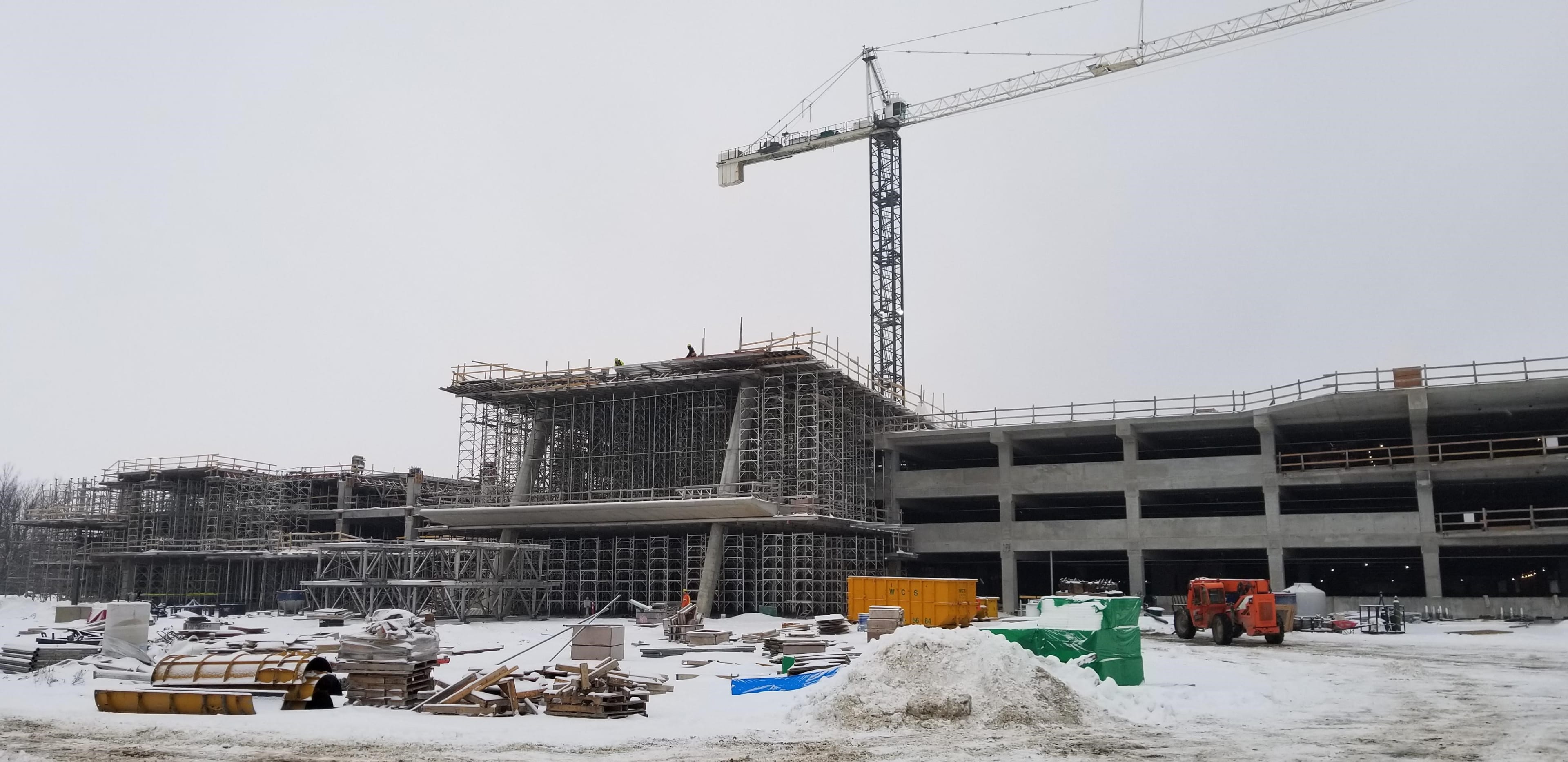 concrete and steel used for a large parking structure.