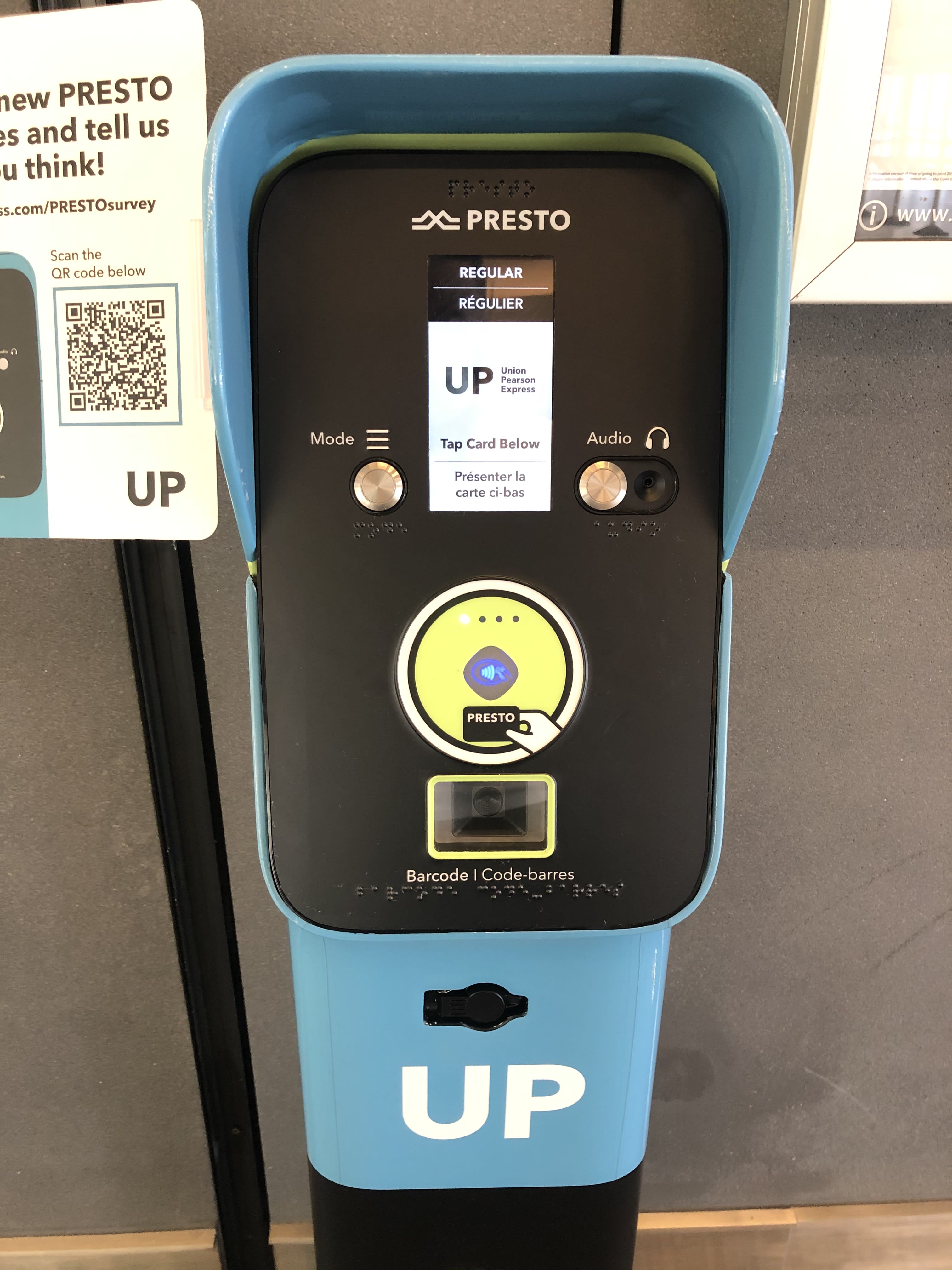 Close up of the new UP Express PRESTO devices that offer new features, similar to the new machine...