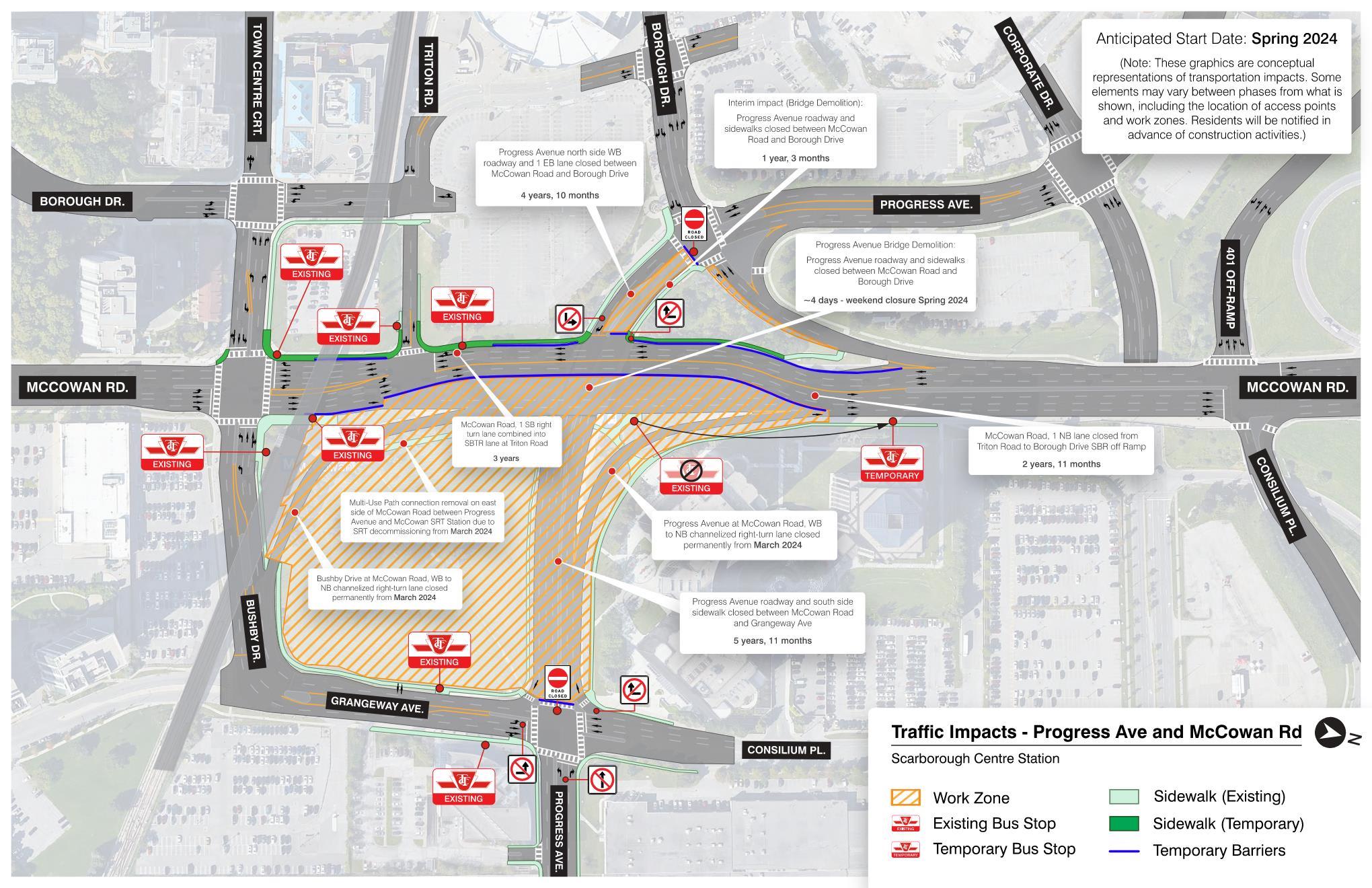 Progress Ave – traffic management plan showing road and sidewalk impacts in Scarborough Centre,...