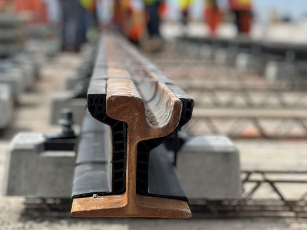 A close up view of the first section of track installed