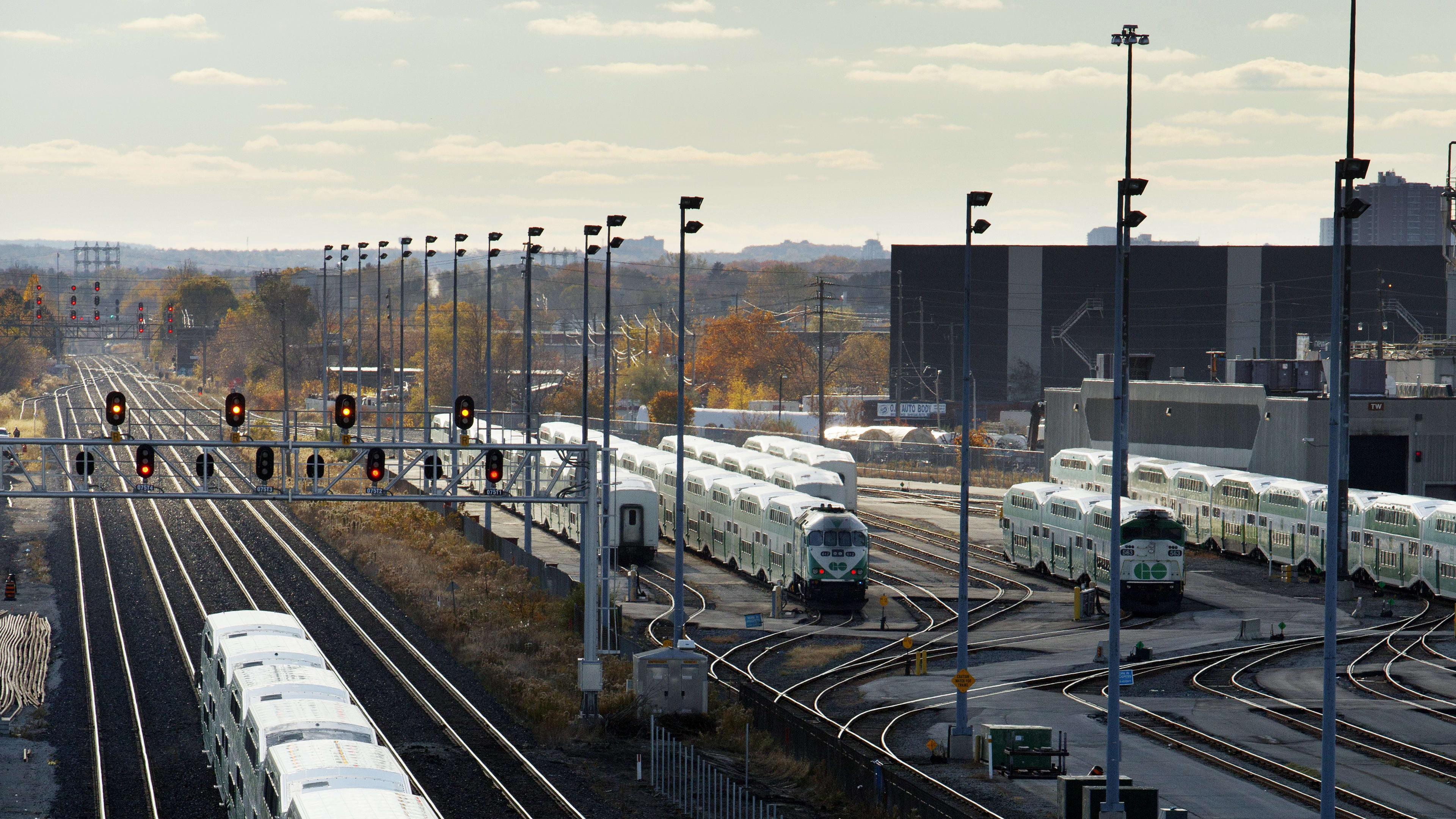 GO Trains sitting at the Whitby Rail Maintenance facility on the Lakeshore East Line