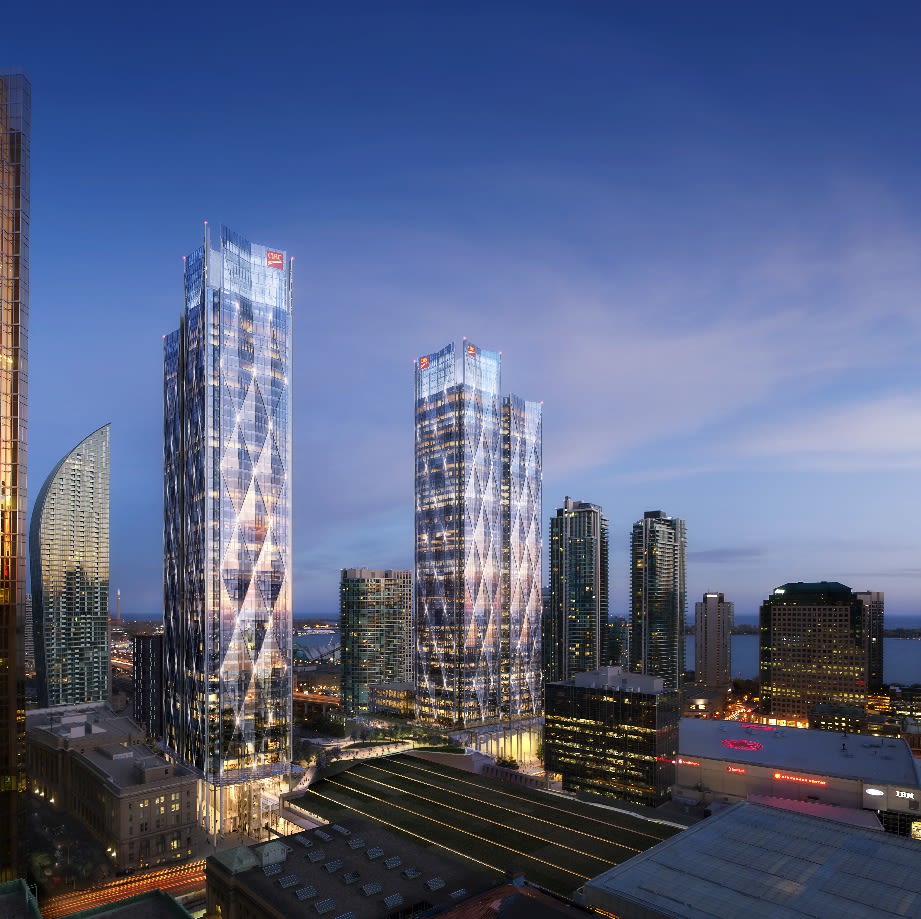 An artist's rendering shows the two, glass CIBC SQUARE towers against other Toronto towers.