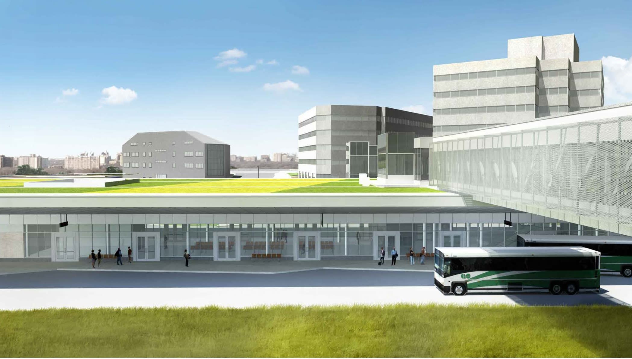 Rendering shows what the Kipling station will look like. A large station, with a bus pulling up i...