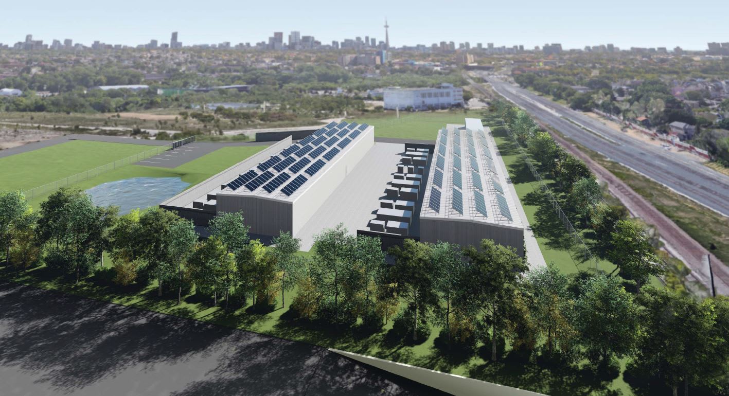 A rendering shows a large building, with rows of solar panels on top.