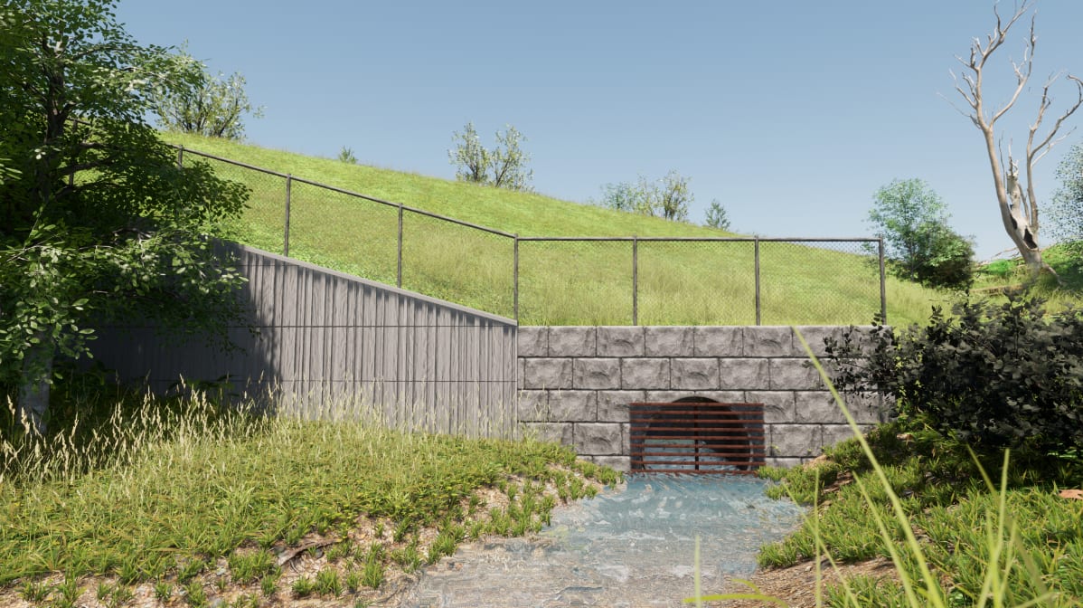 An artistâ??s rendering of the new culvert and retaining wall. All renderings subject to change.