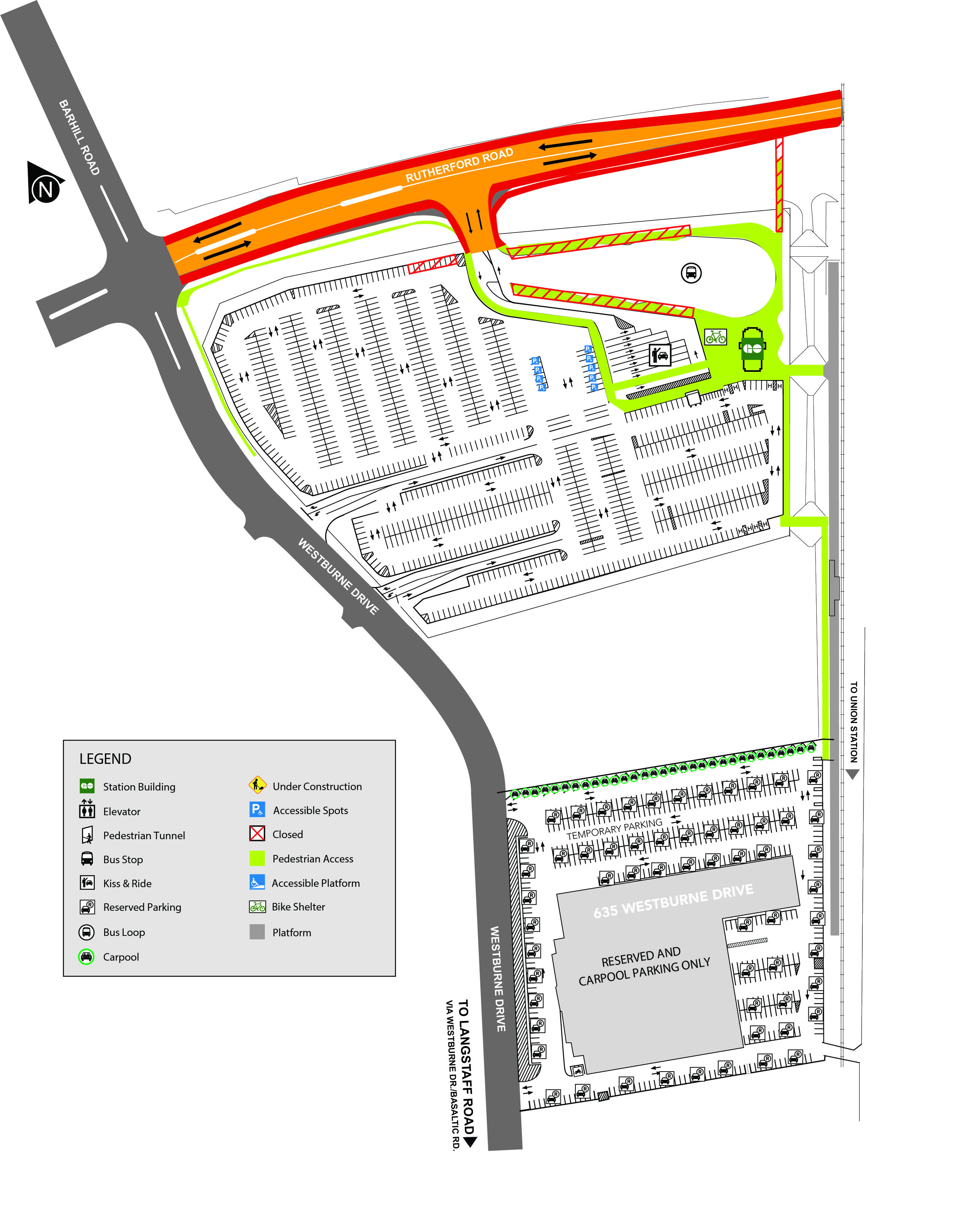 Map showing lane reductions on Rutherford Road