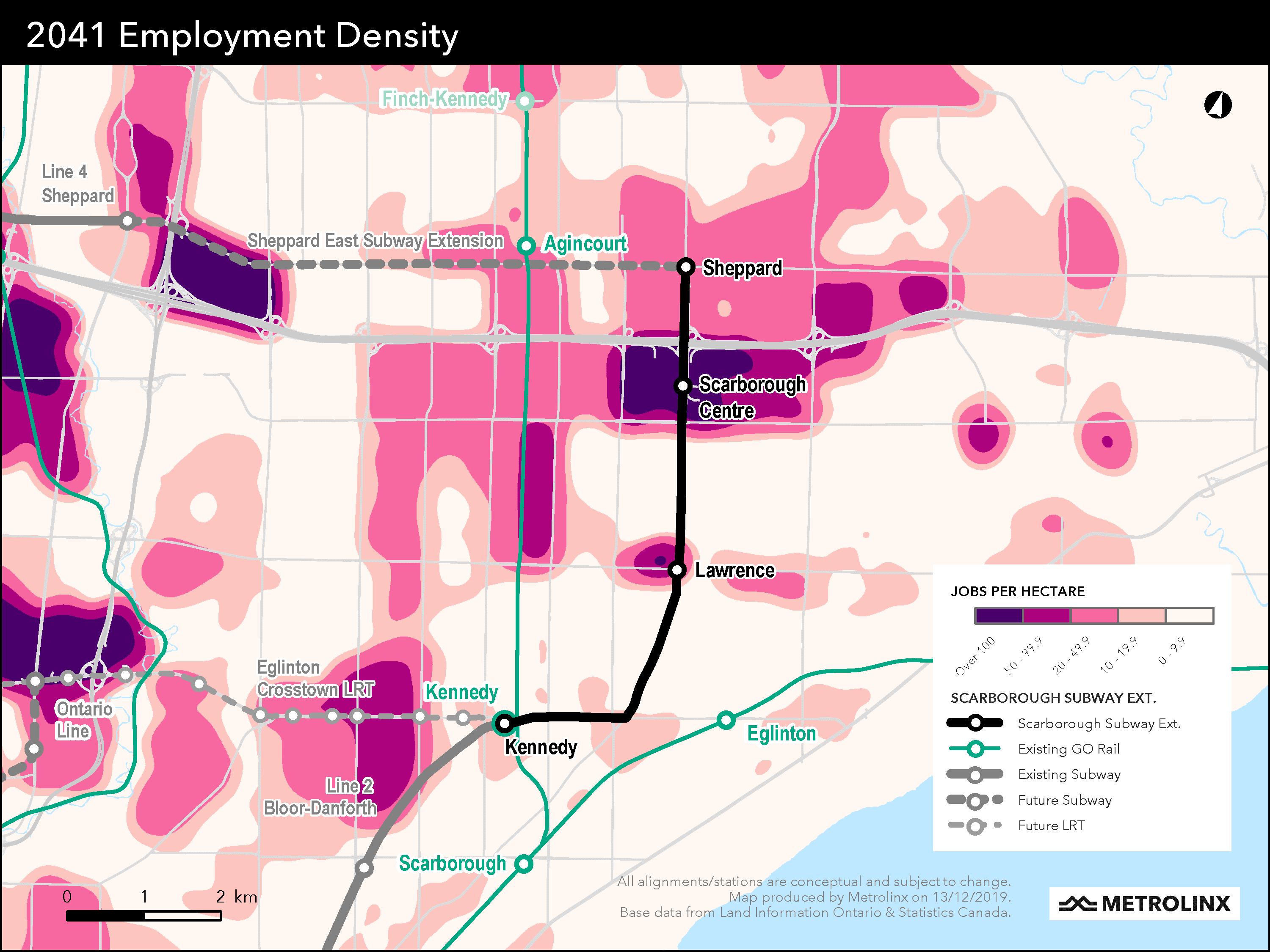 Graphic showing projections for employment density in the area served by the Scarborough Subway E...