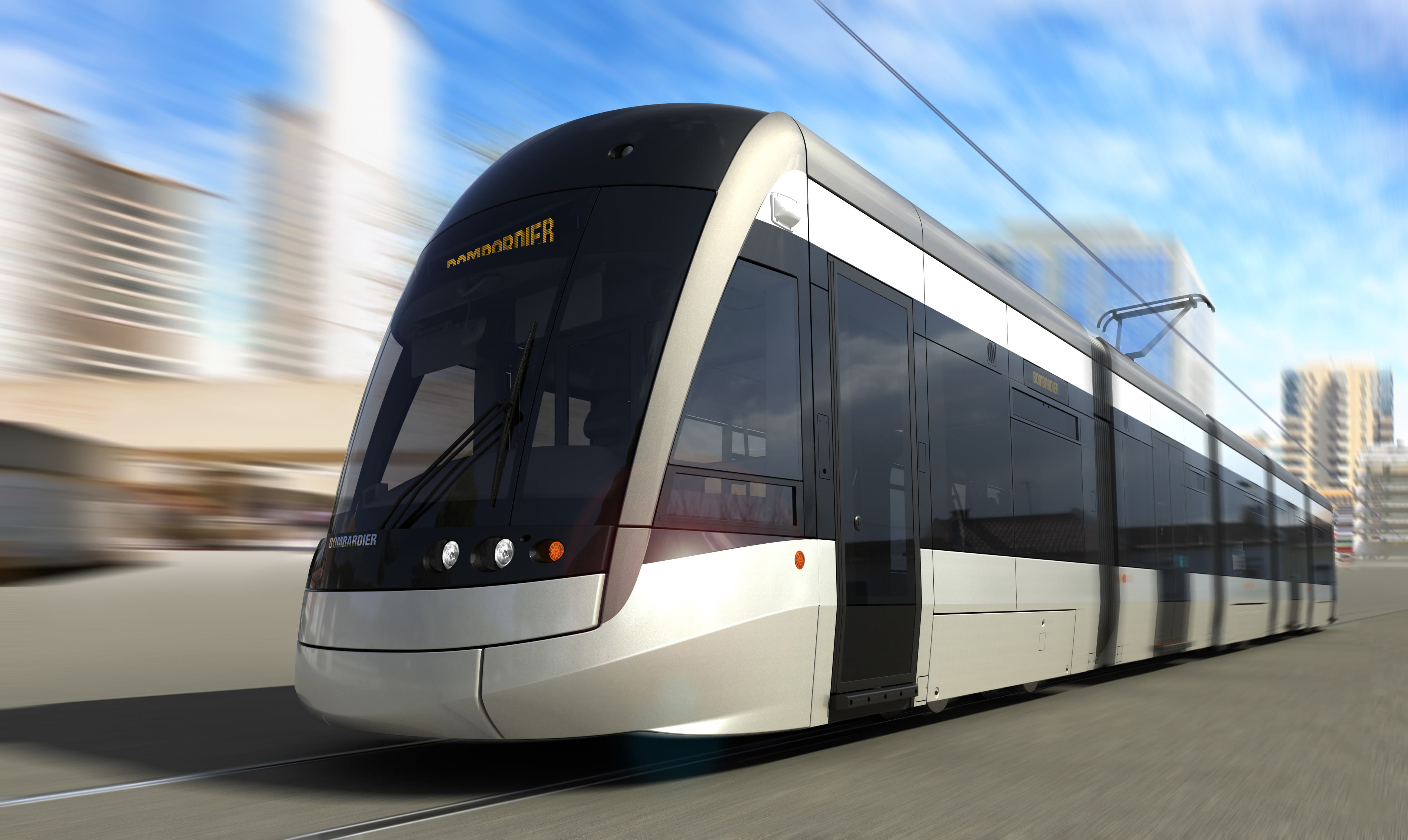 An artist concept of a sleek and long light rail transit vehicle, with a black and white exterior.