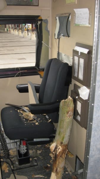 a large tree branch smashed through the window of a train cab.