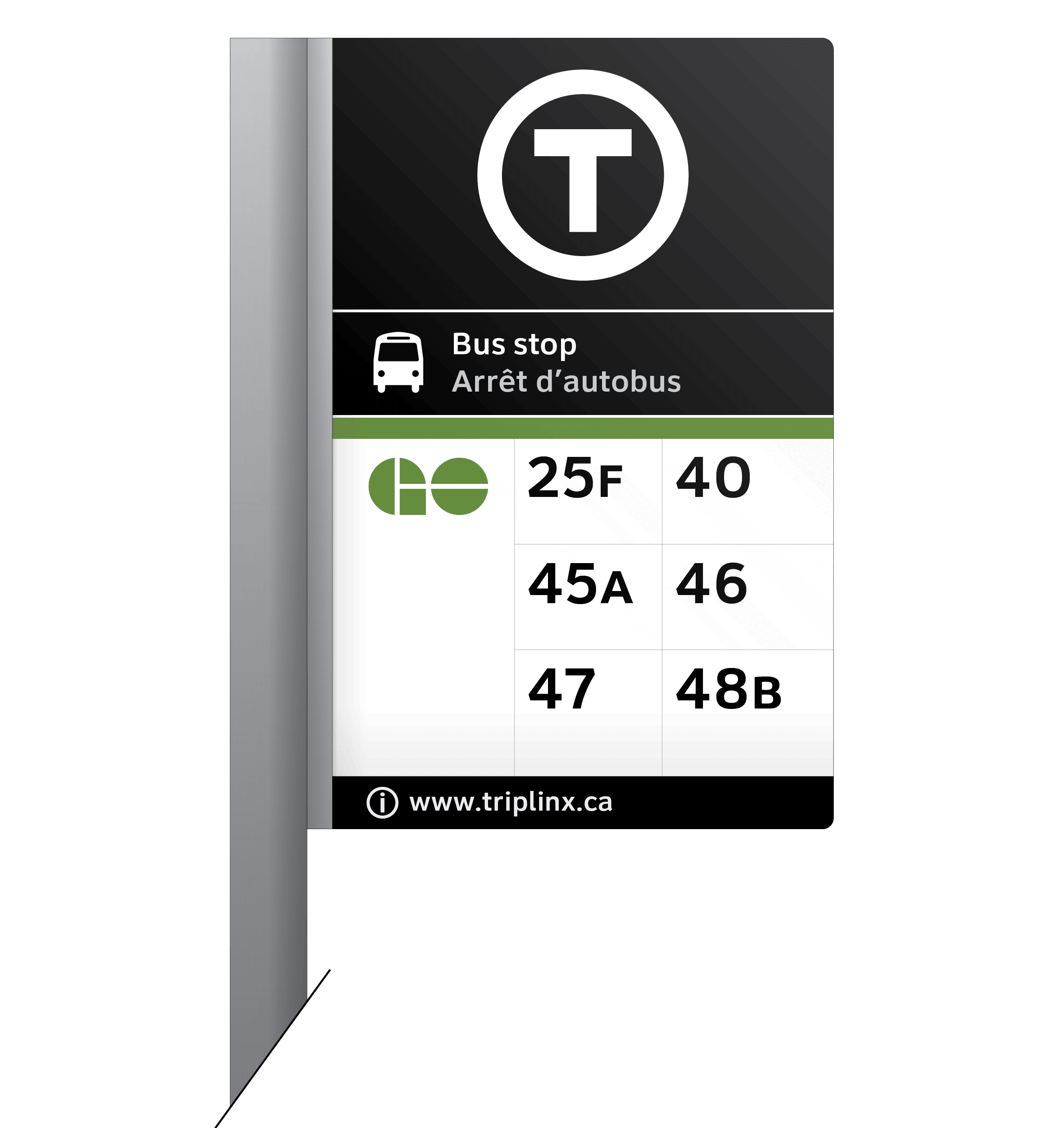 An example of a GO bus stop with the new "T" transit symbol