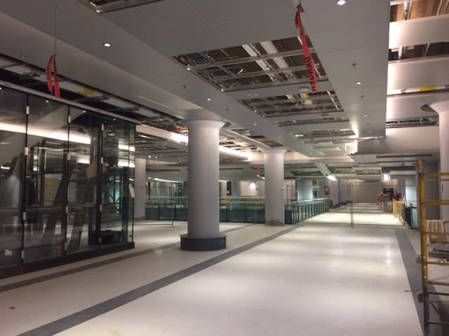 a large area of flooring, and rails looking down into a lower level.