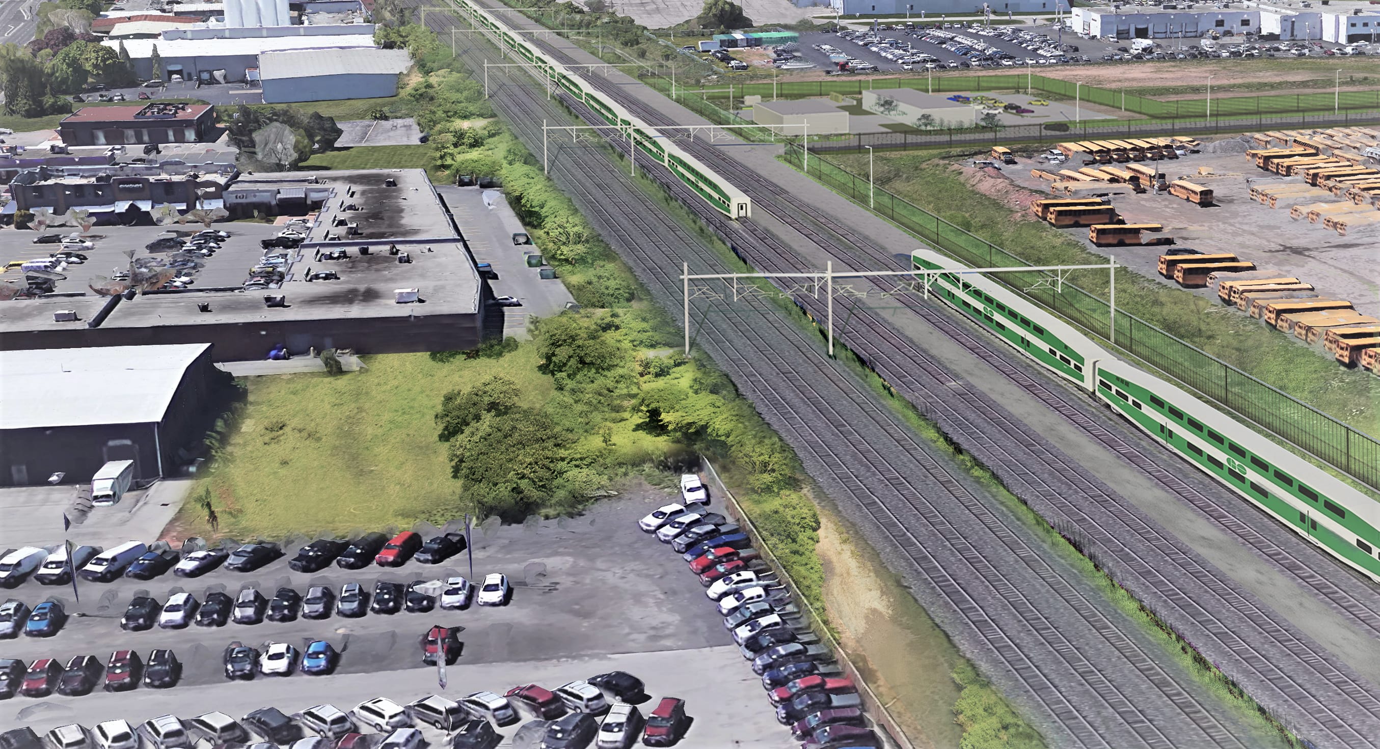 Artist's rendering of electrified GO train service operating on the Lakeshore West GO train corri...