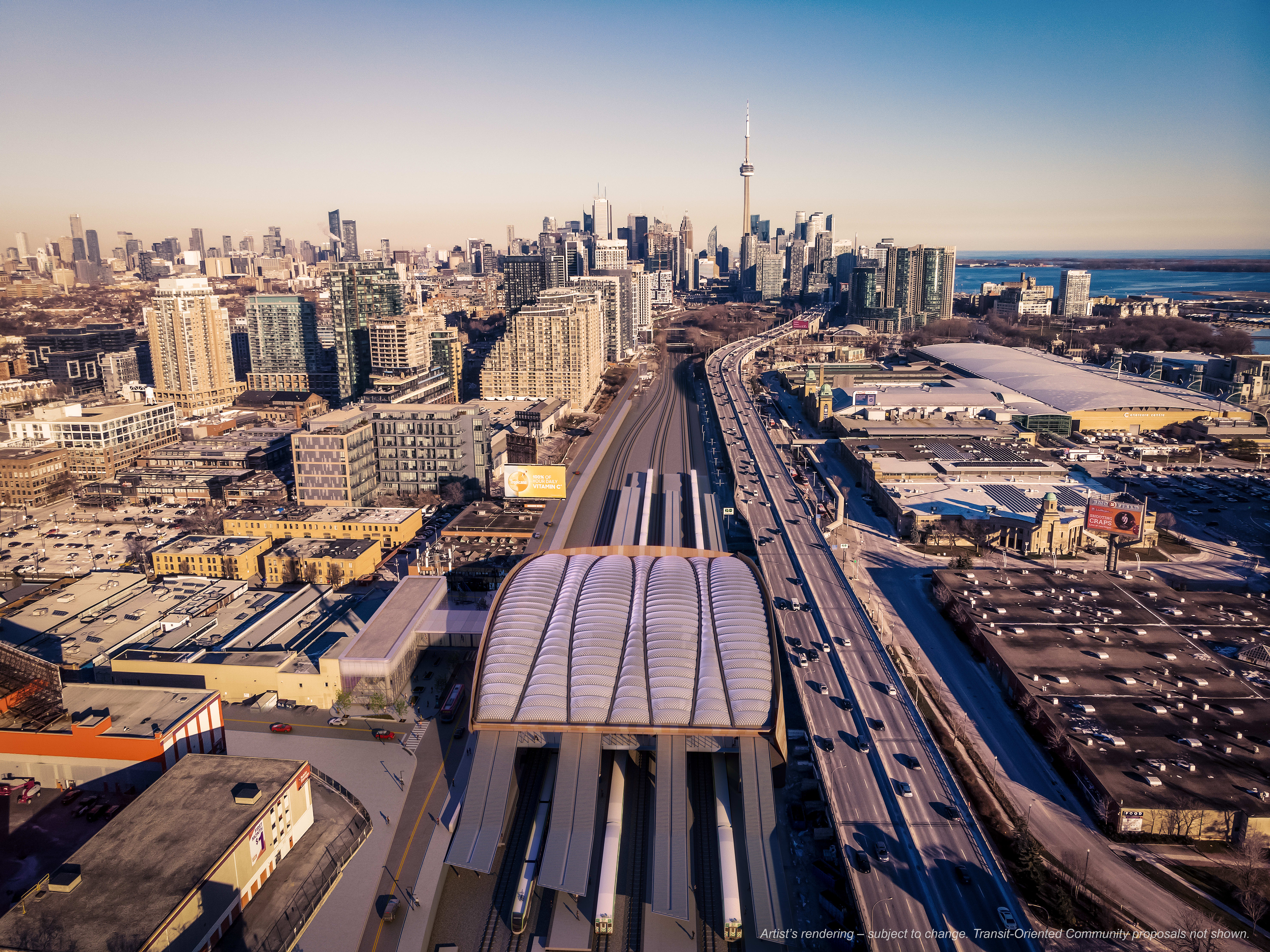 Ontario Line station building and platforms in foreground.