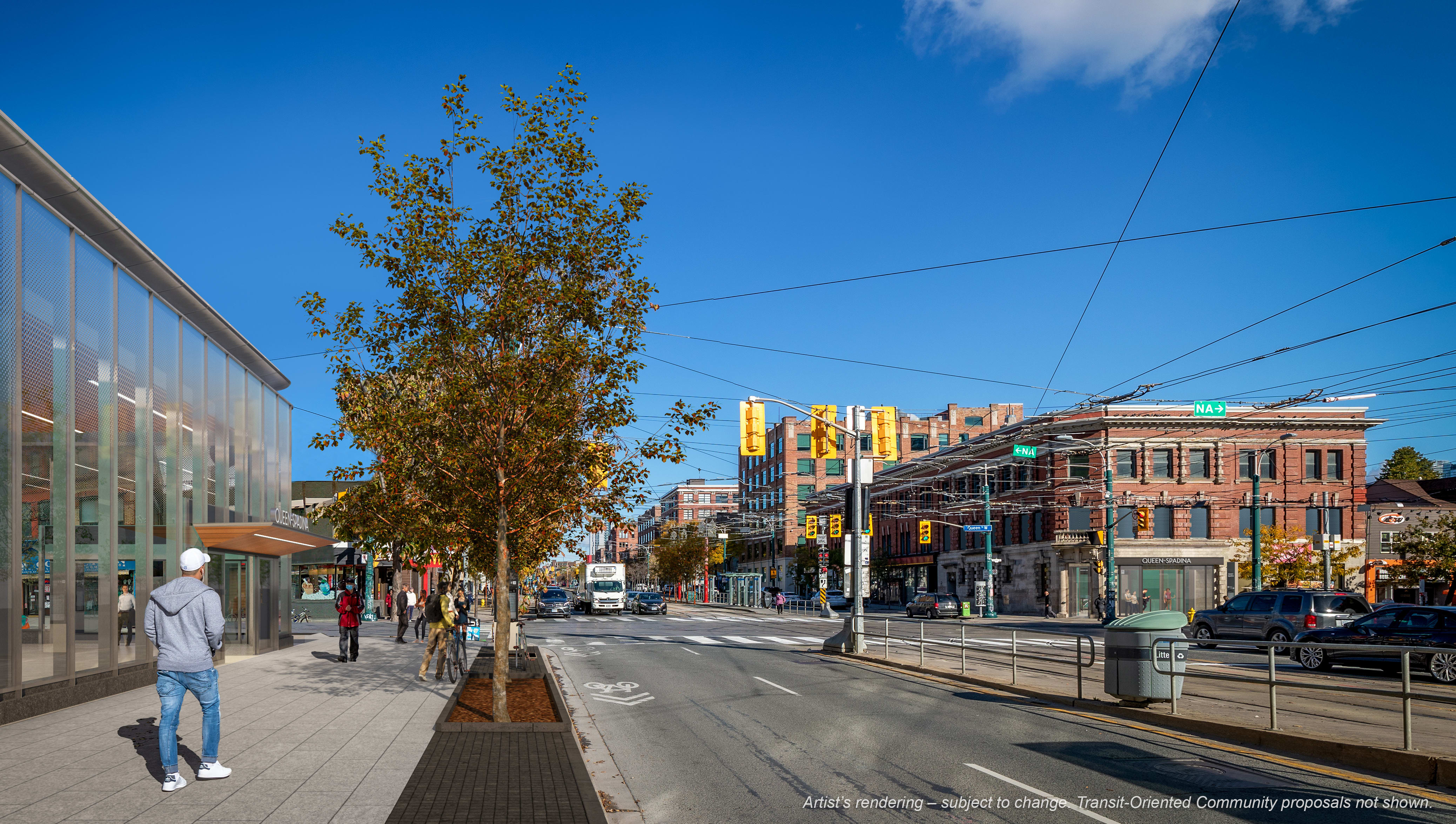 Future Ontario Line station buildings on southwest and northeast corners of Queen St W and Spadin...