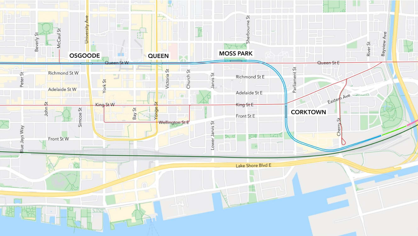 Map of the Ontario Line's downtown segment from Osgoode Station to Corktown Station