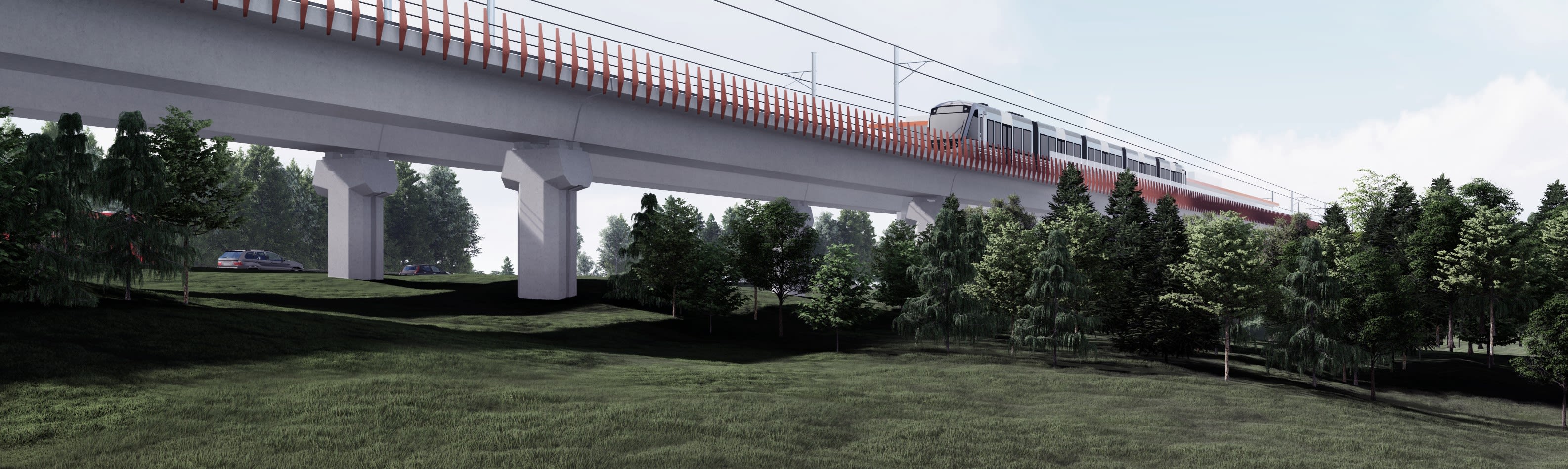A computer rendering showing the elevated section of the Eglinton Crosstown West Extension