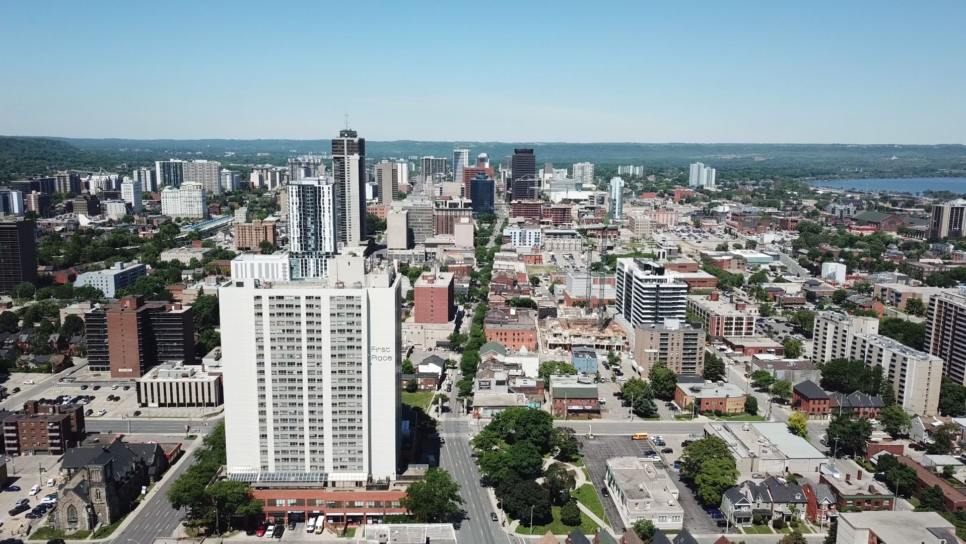 Aerial shot of Hamilton skyline and cityscape
