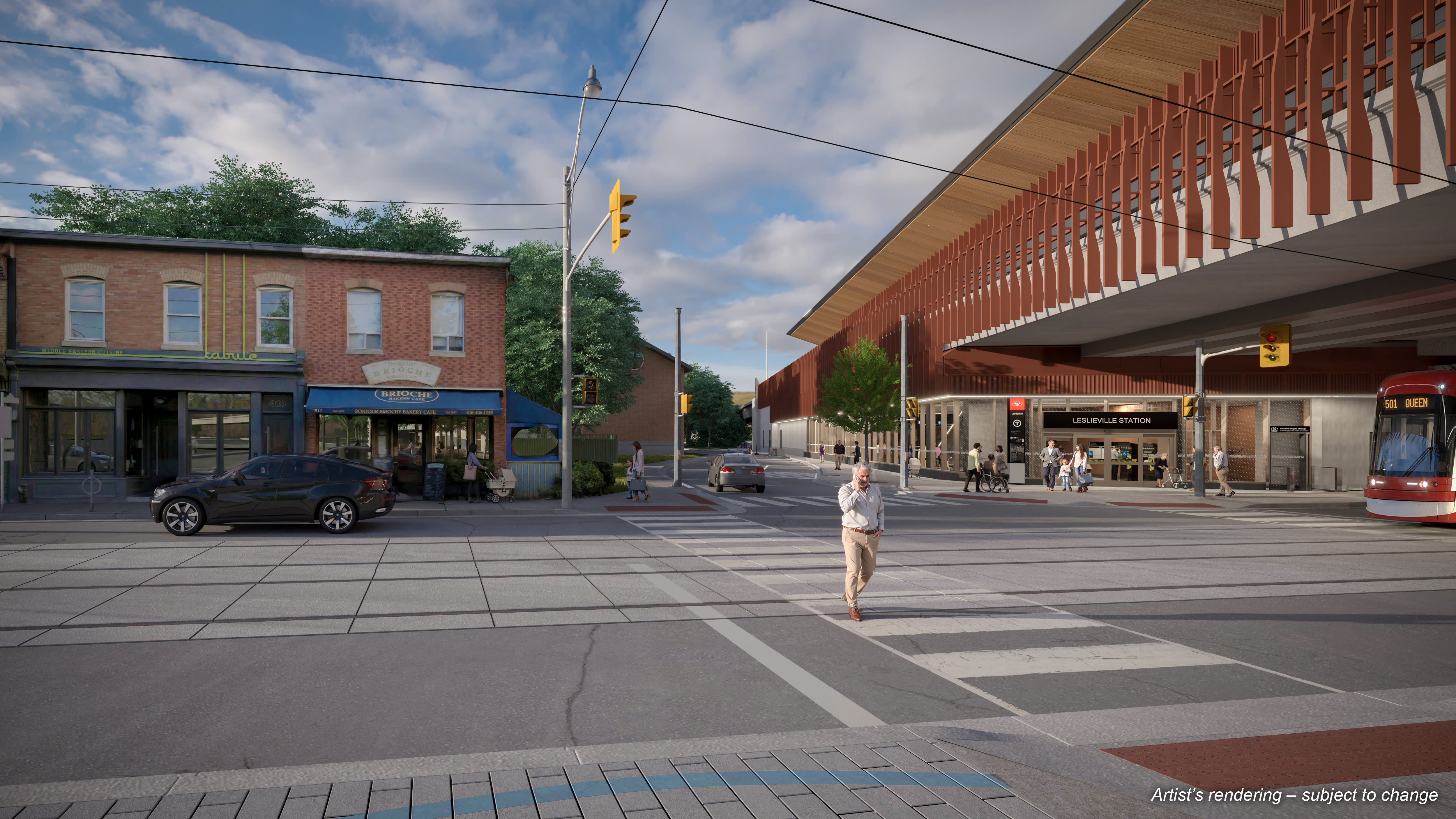 Artistic rendering of the main entrance to the future Ontario Line's Leslieville Station.