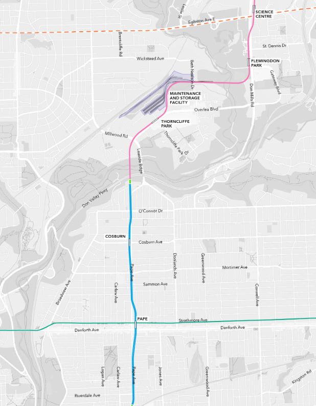 Map of the Ontario Line's north segment from Pape Station to Science Centre Station