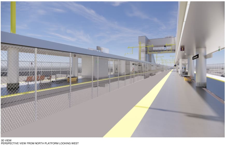 Future Oshawa GO Station rendering with platforms, pedestrian bridge, and station access.