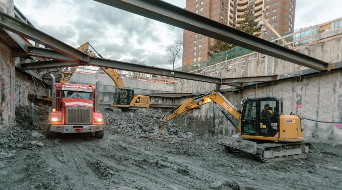 Work at the extraction shaft and future tunnel portal for the Eglinton Crosstown West Extension.