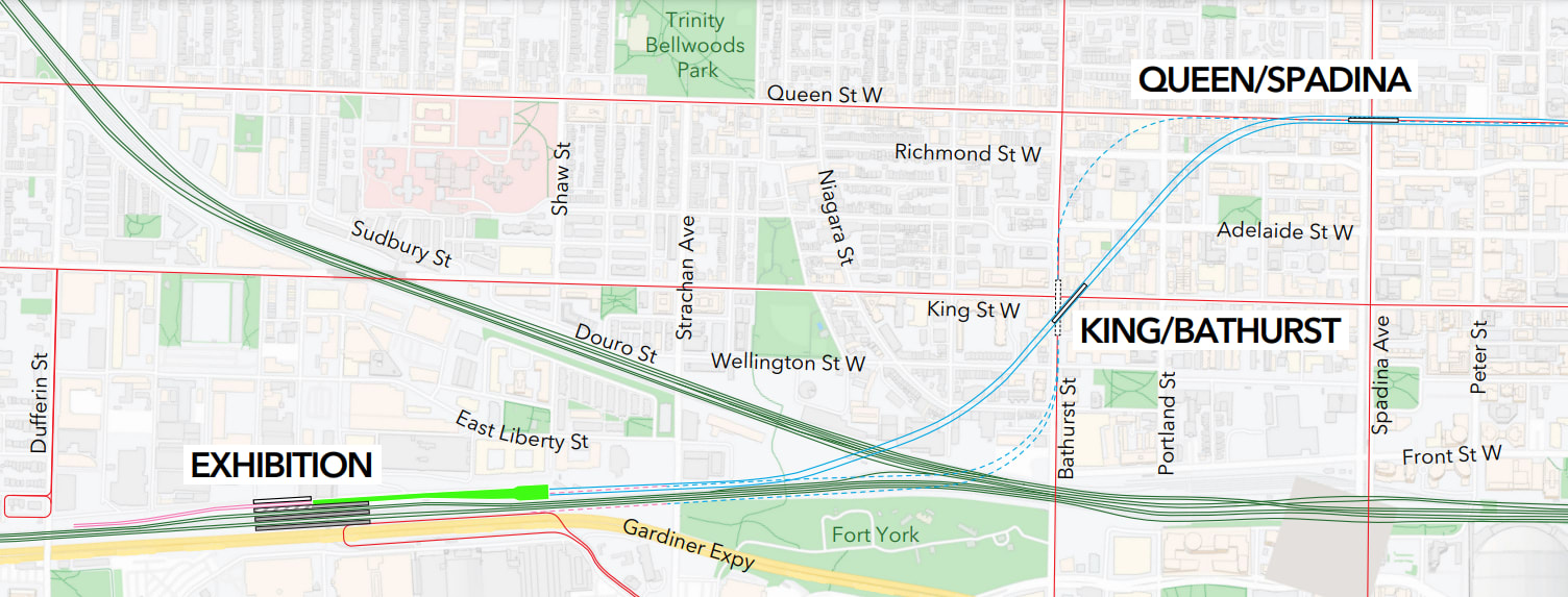 Map of the Ontario Line's west segment from Exhibition Station to Queen-Spadina Station