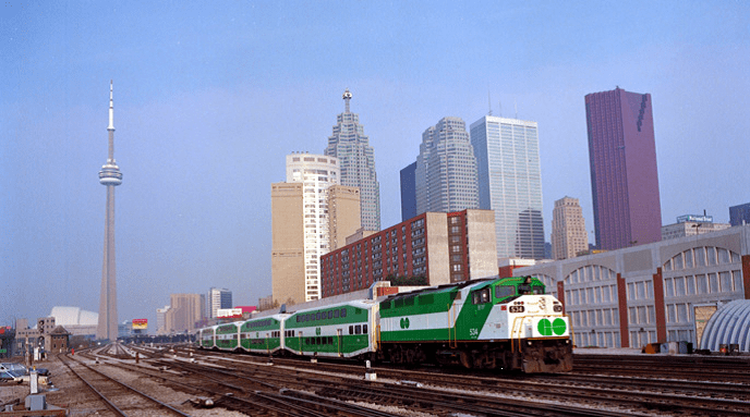 A GO train pulls out of Union Station in downtown Toronto in the 1990s