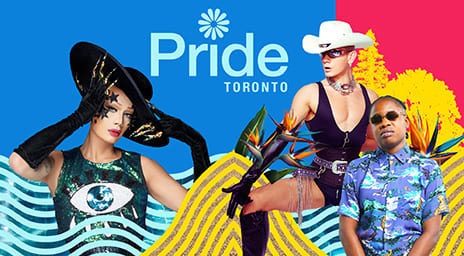 Pride Toronto colour backdrop featuring Raja, Tempa and Josh Harrison