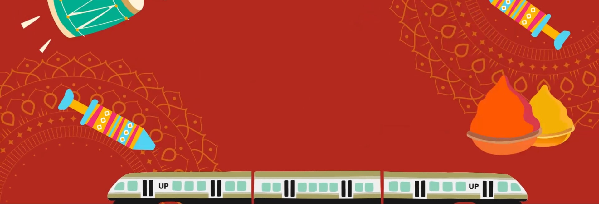 UP train illustrated running against a backdrop with Holi elements like drums and colourful paint.