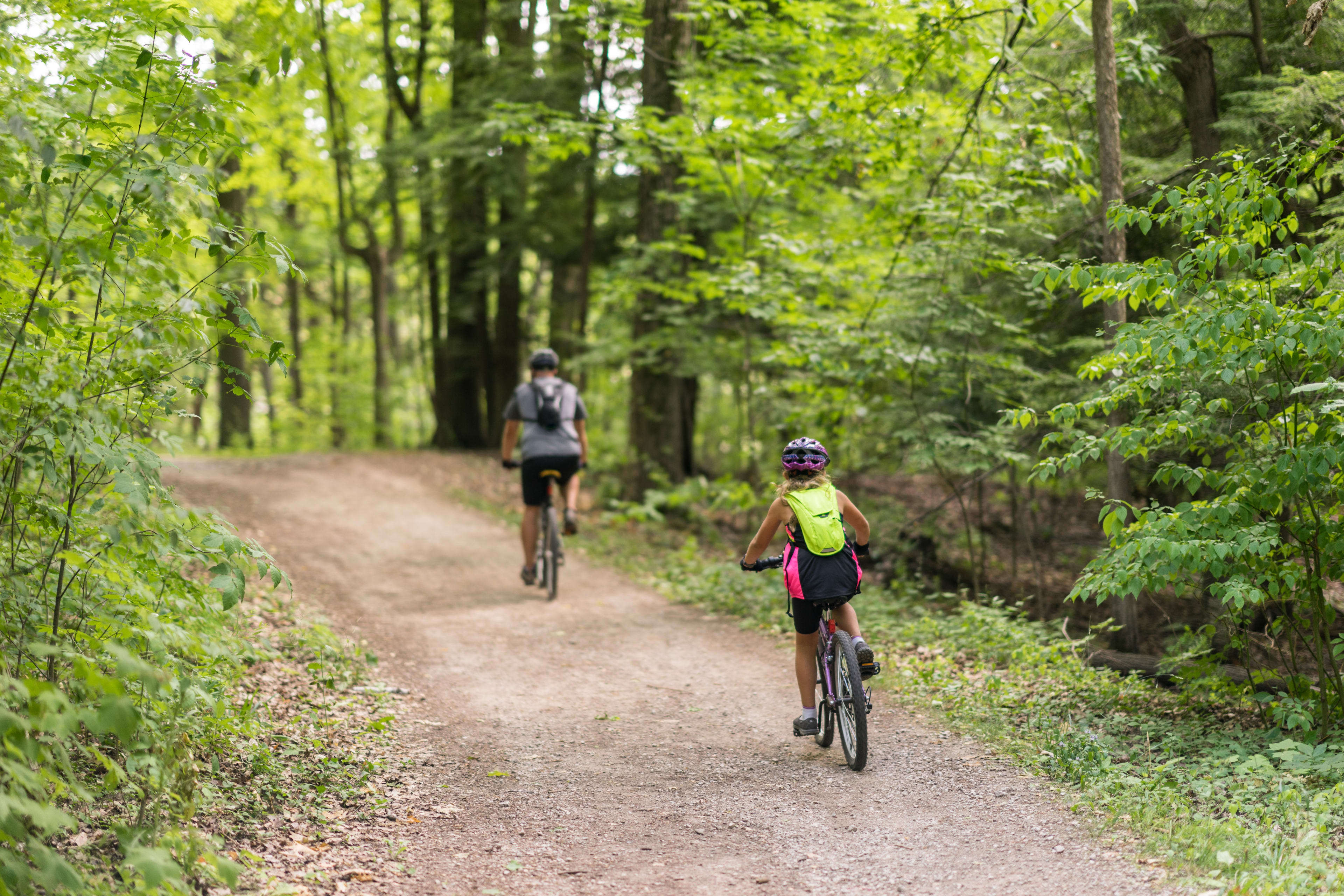 Two people biking down path in forest