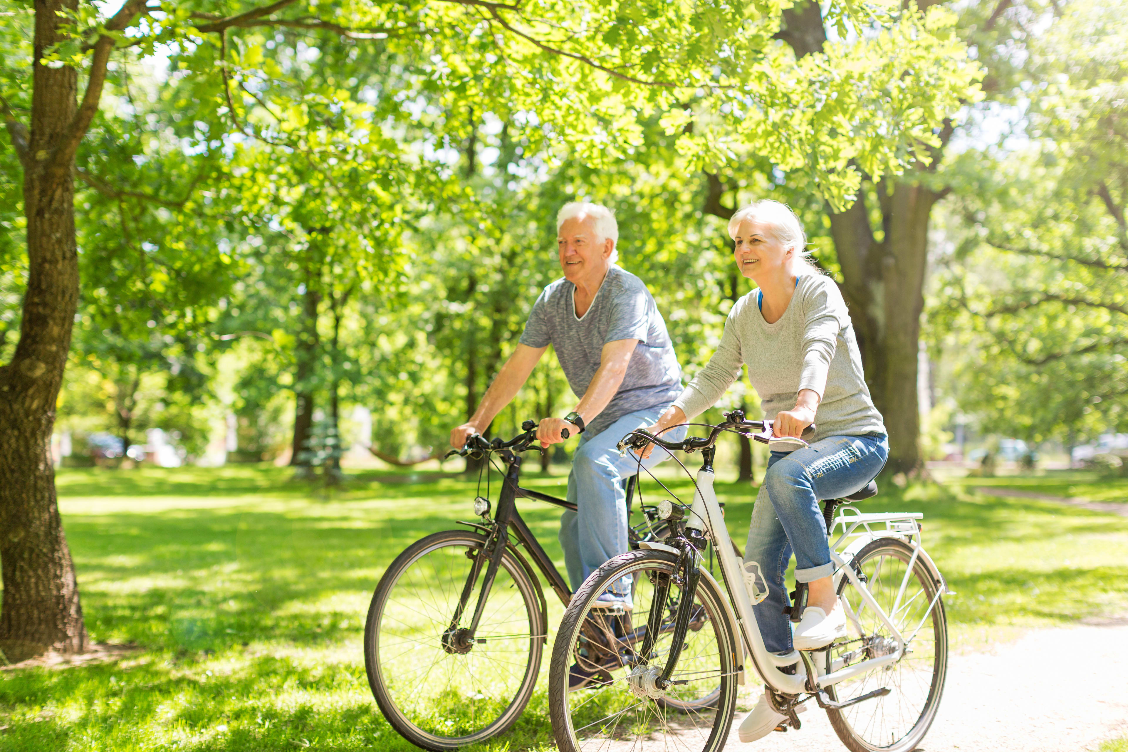 Two elderly people biking on path surrounded by forest
