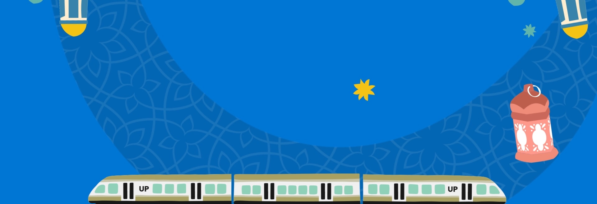 Illustration of UP Express train running through festive Eid background