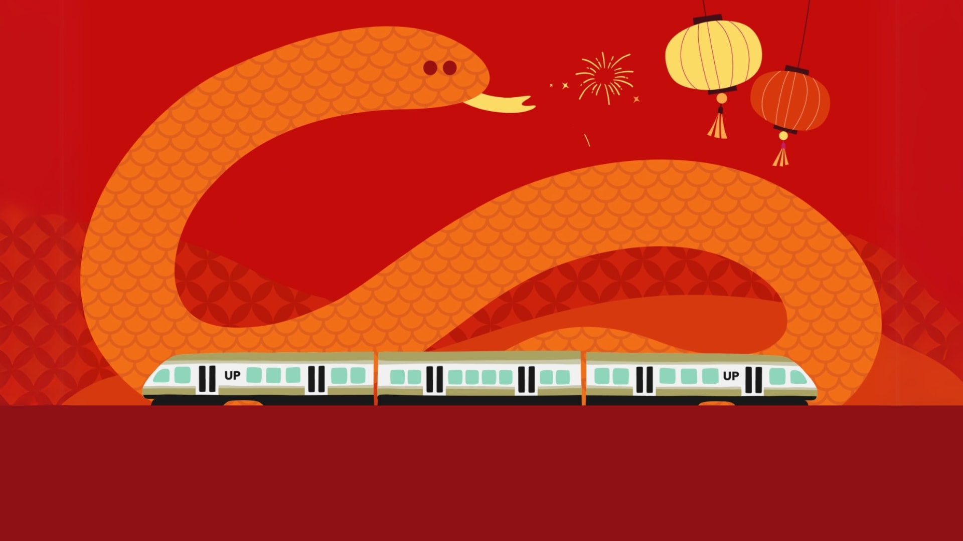 Illustration of snake, lanterns and UP train
